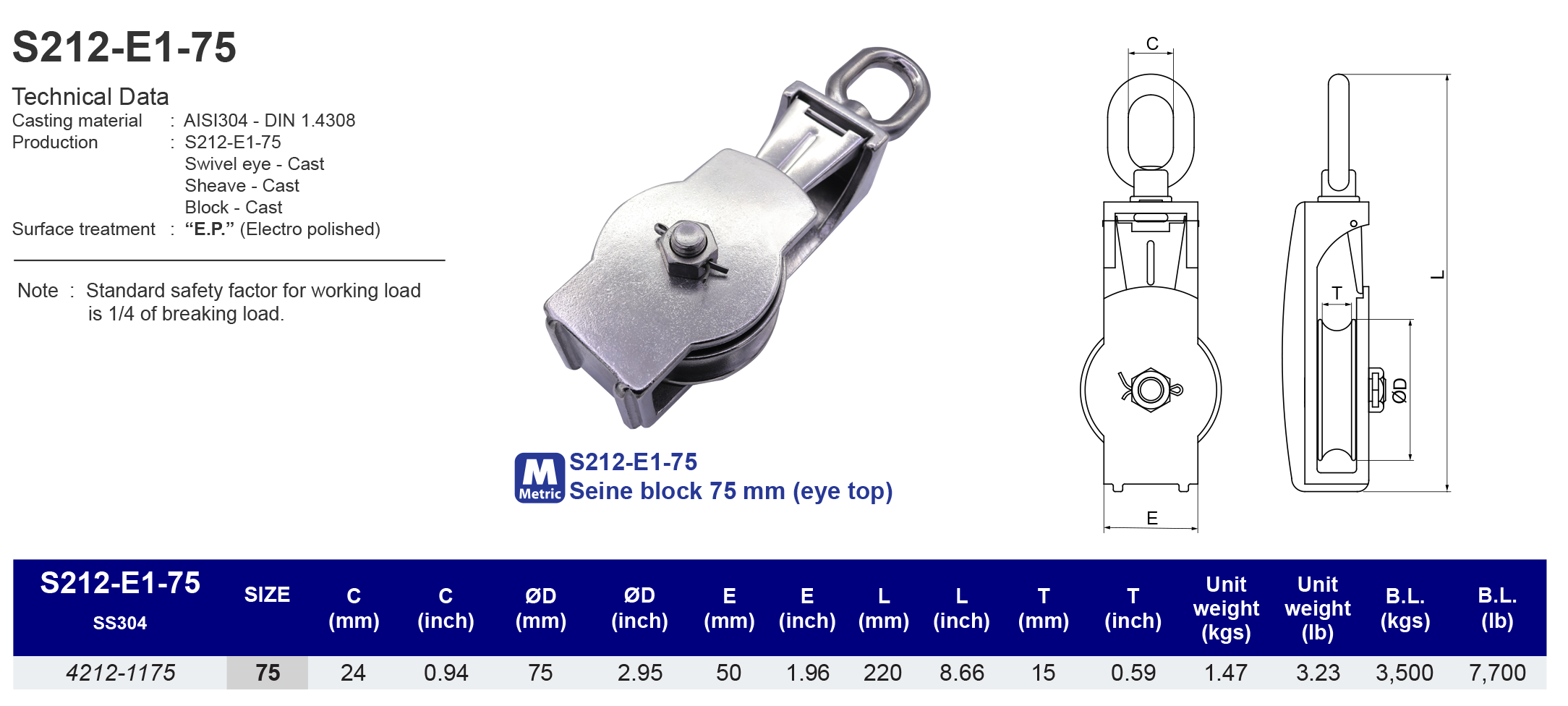 S212-E1-75 Seine block 75 mm (eye top) - 304