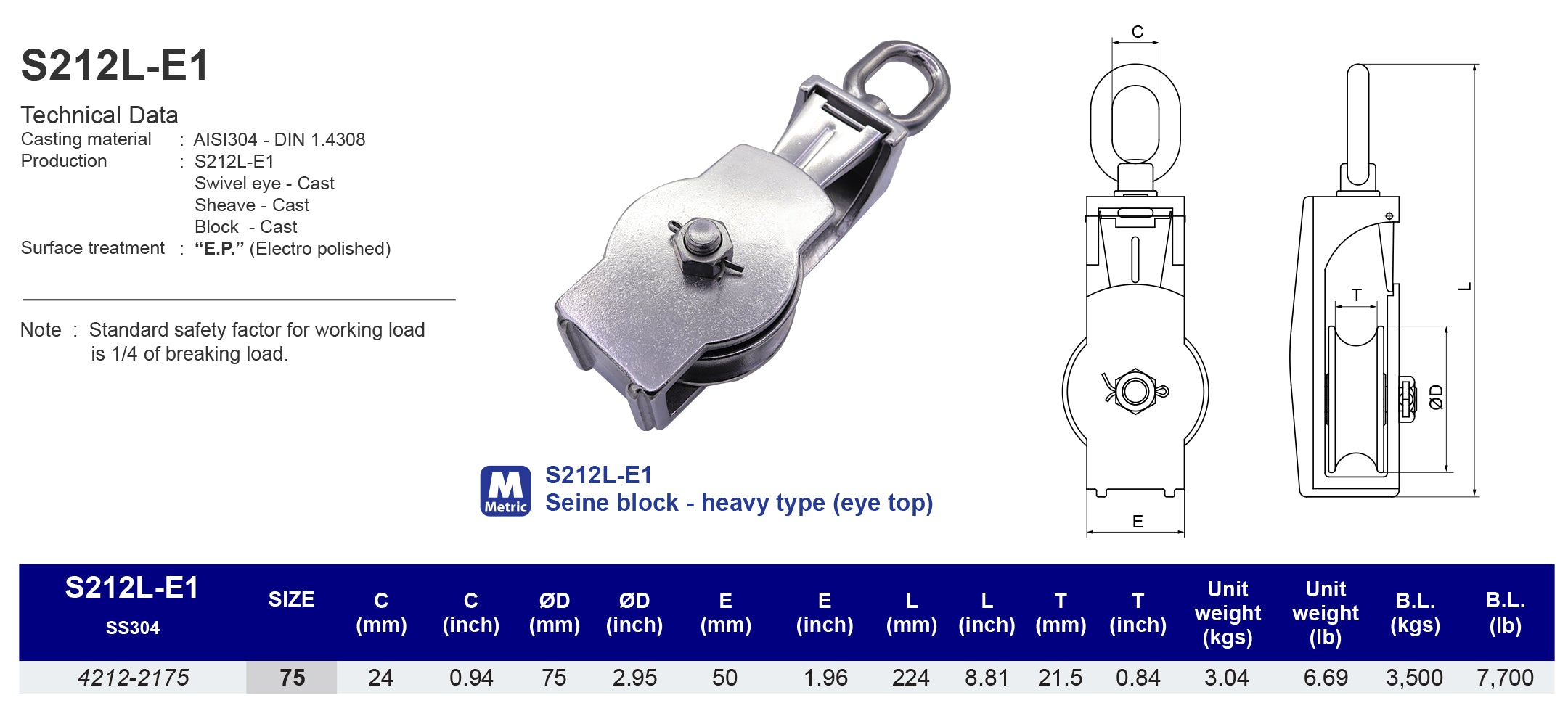 S212L-E1 Seine block - Heavy type (eye top) -304