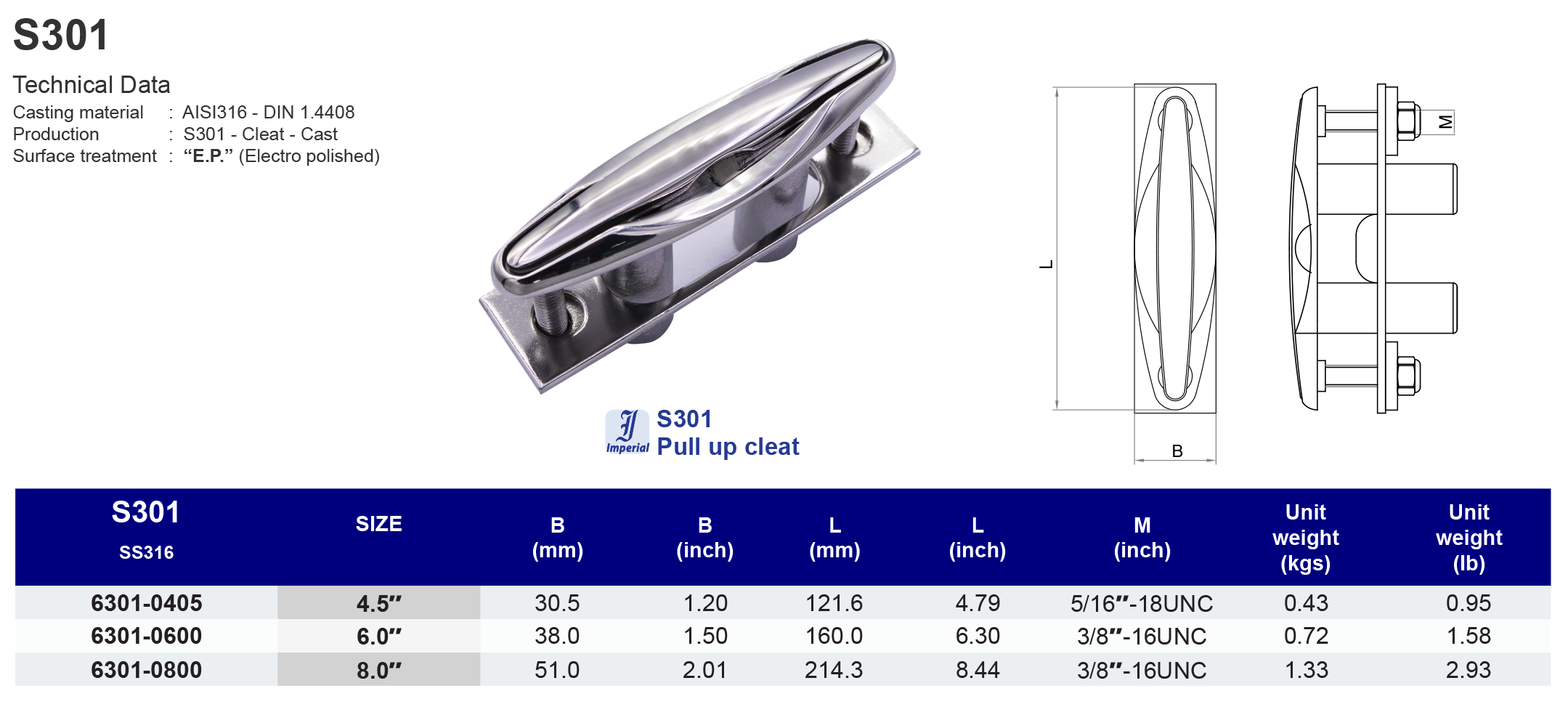 S301 Pull up cleat - 316