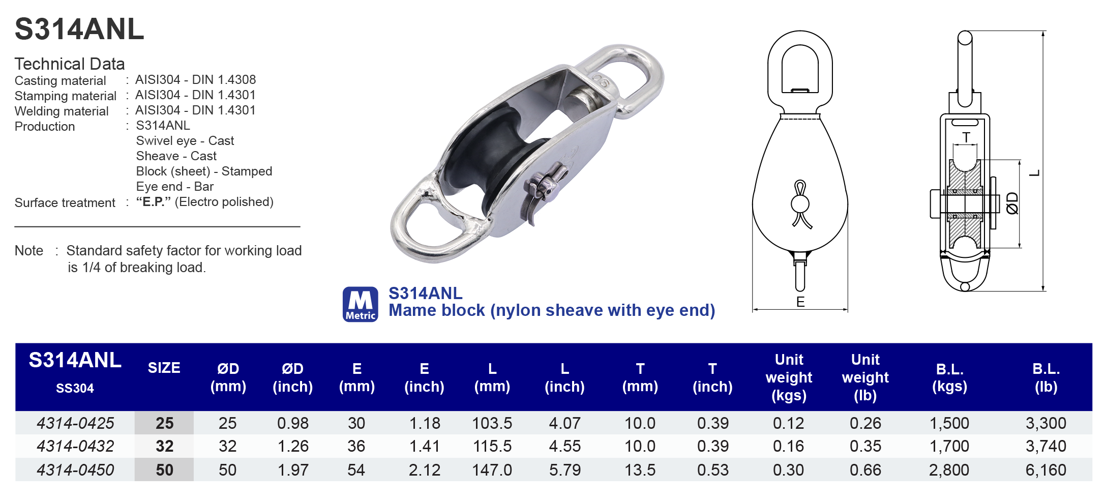 S314ANL Mame block (nylon sheave with eye end) - 304