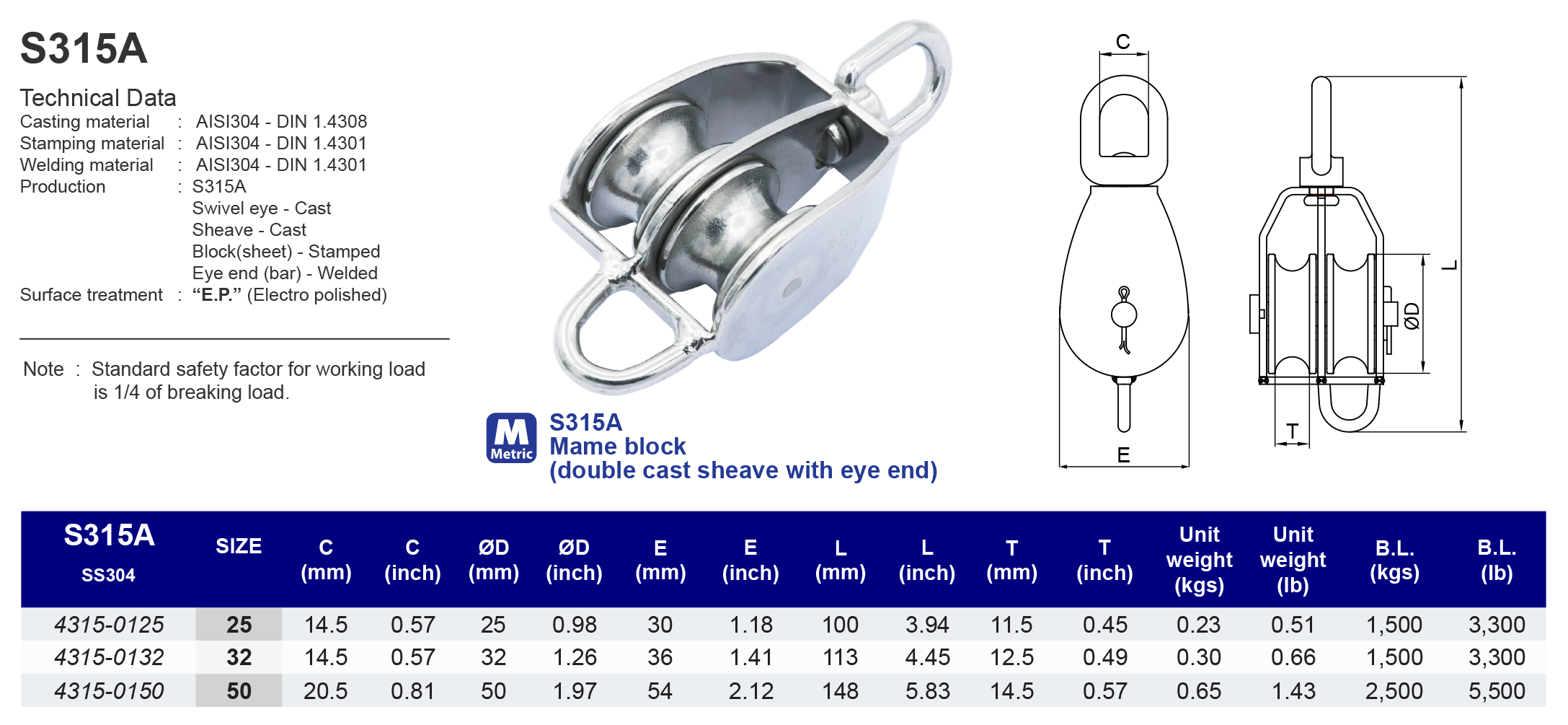 S315A Mame block (double cast sheave with eye end) - 304