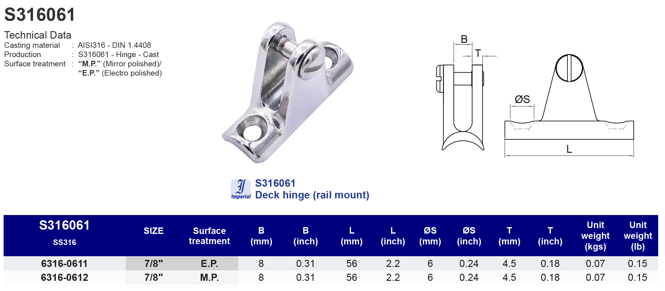 S316061 Deck hinge (rail mount) - 316 (CLEARANCE SALE)