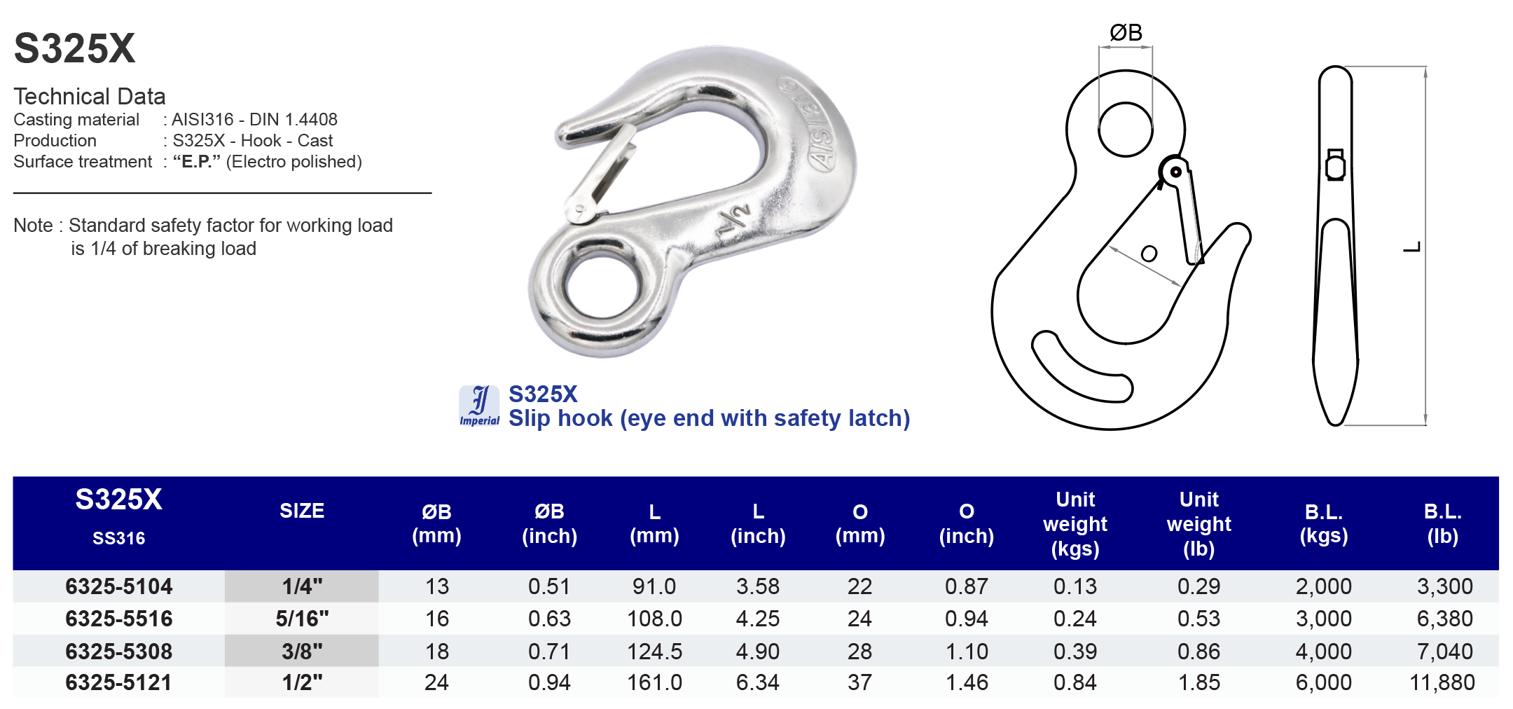 S325X Slip hook (eye end with safety latch) - 316