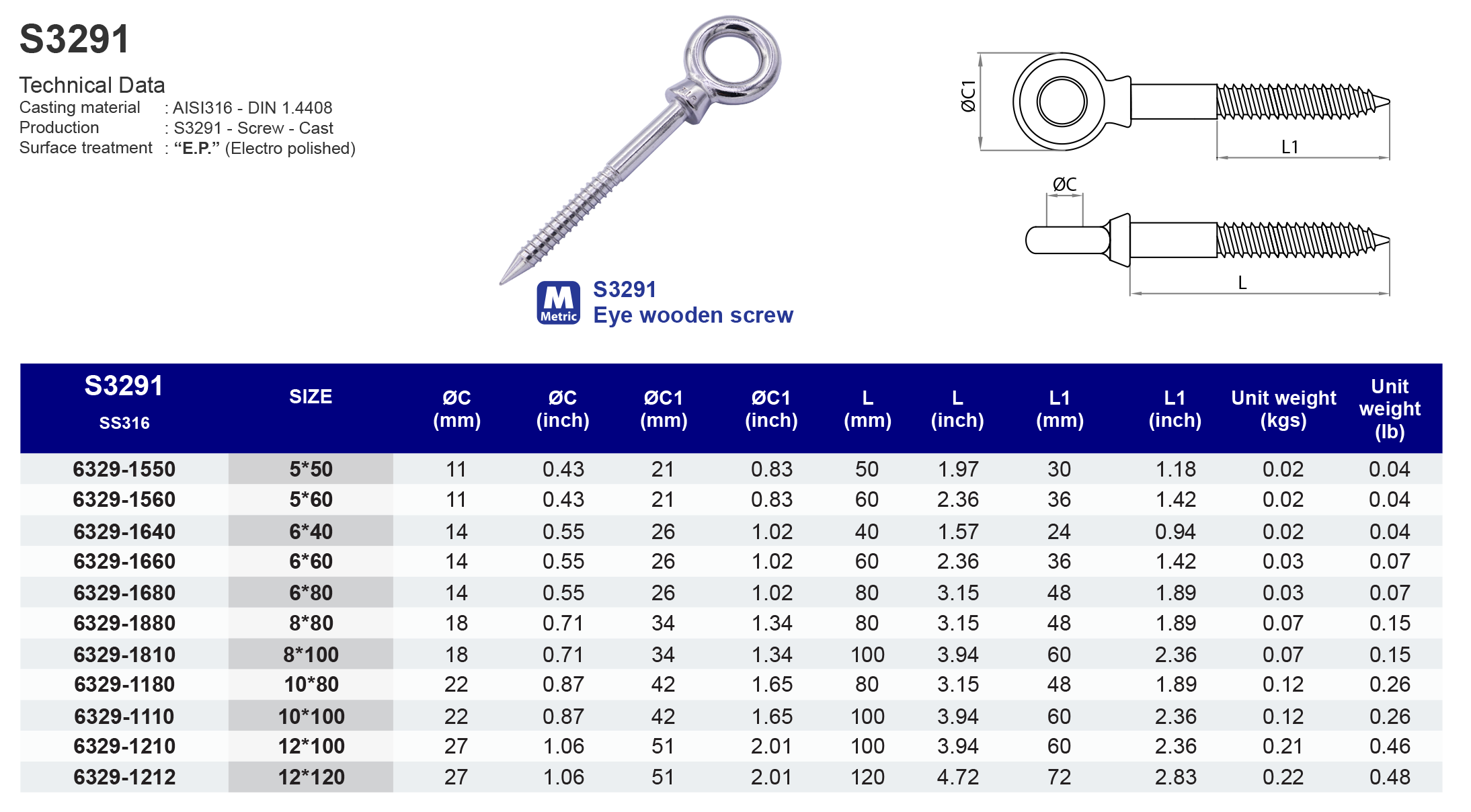 S3291 Eye wooden screw - 316