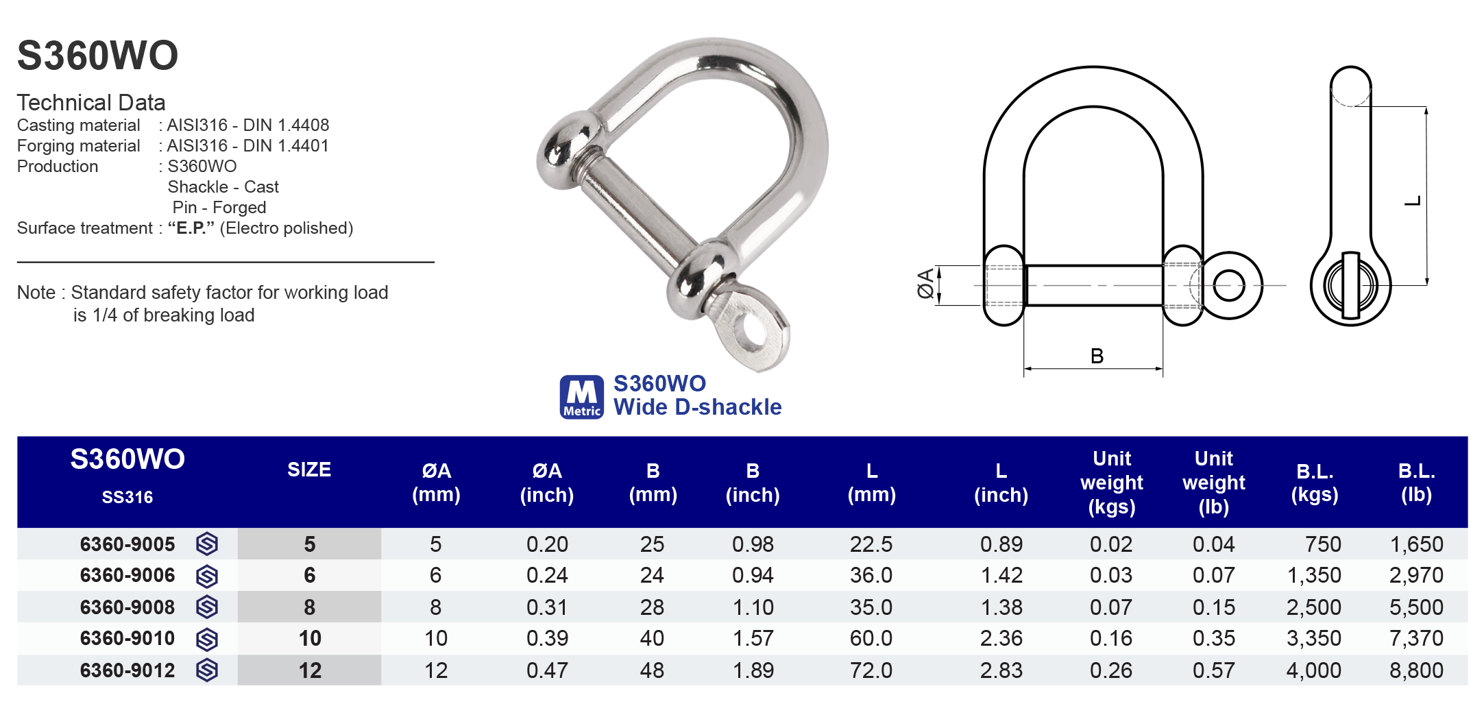 S360WO Wide D-shackle - 316