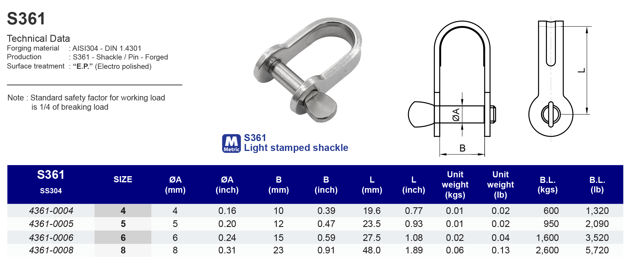 S361 Light stamped shackle - 304