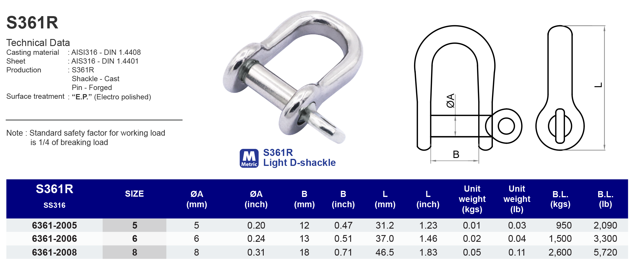 S361R Light D-shackle - 316