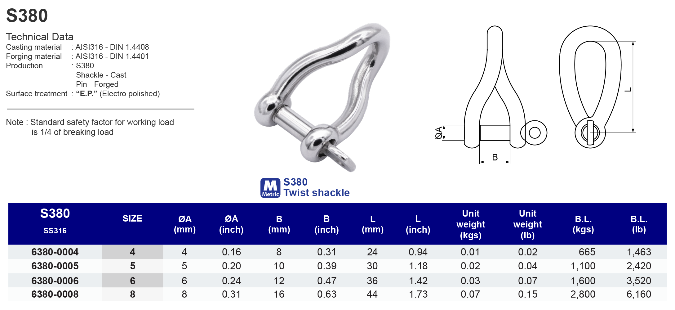 S380 Twist shackle - 316