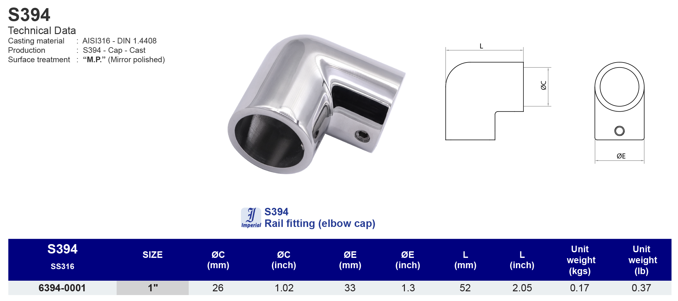 S394 Rail fitting (elbow cap) - 316