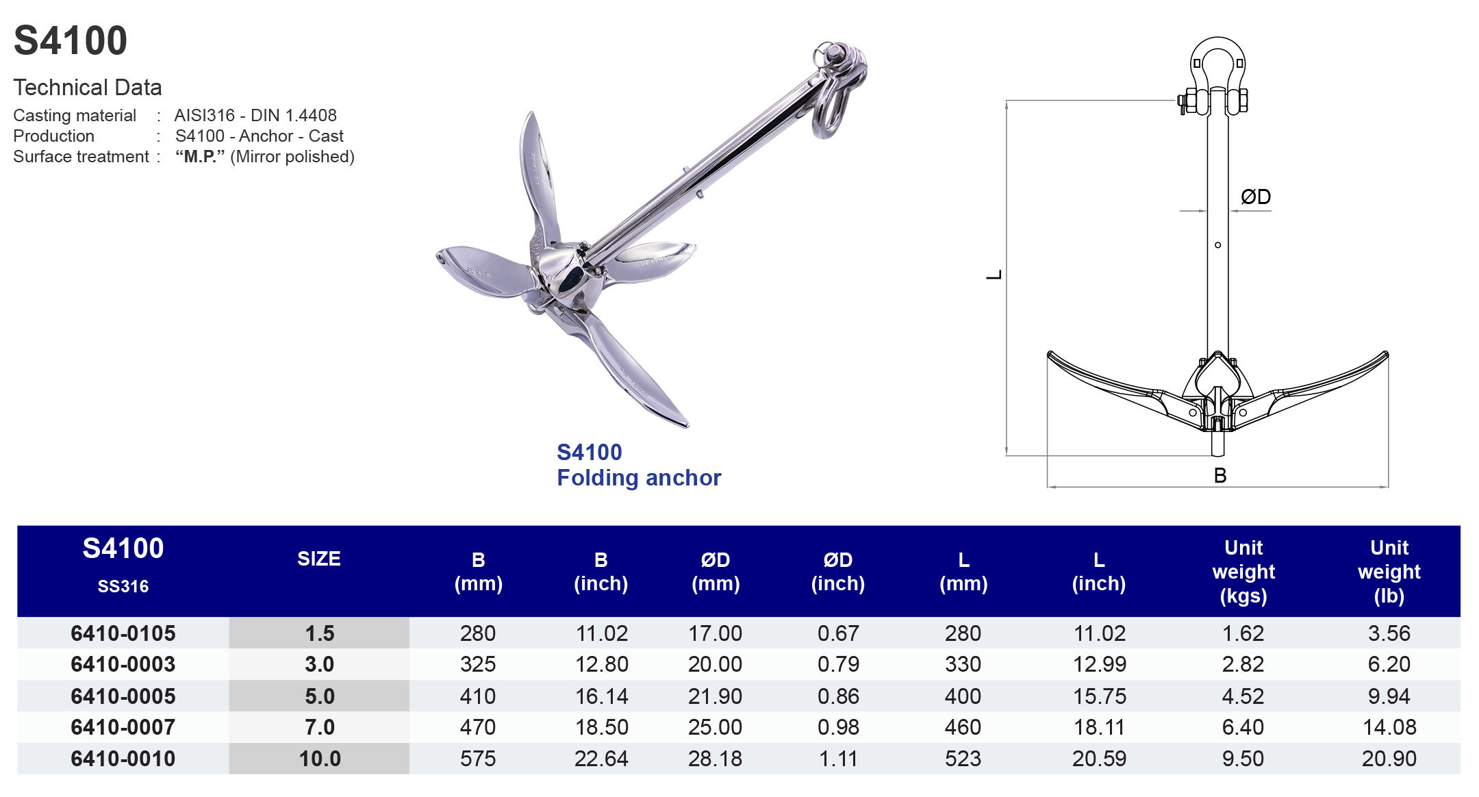 S4100 Folding anchor - 316 (CLEARANCE SALE)