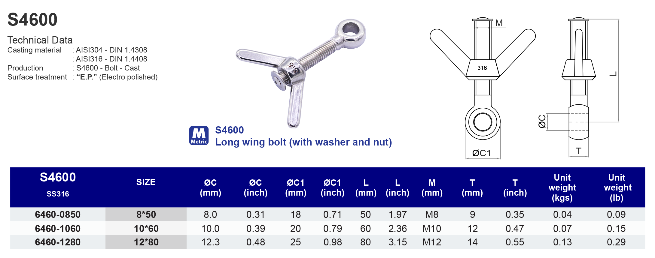 S4600 Long wing bolt (with washer and nut) - 316 (CLEARANCE SALE)