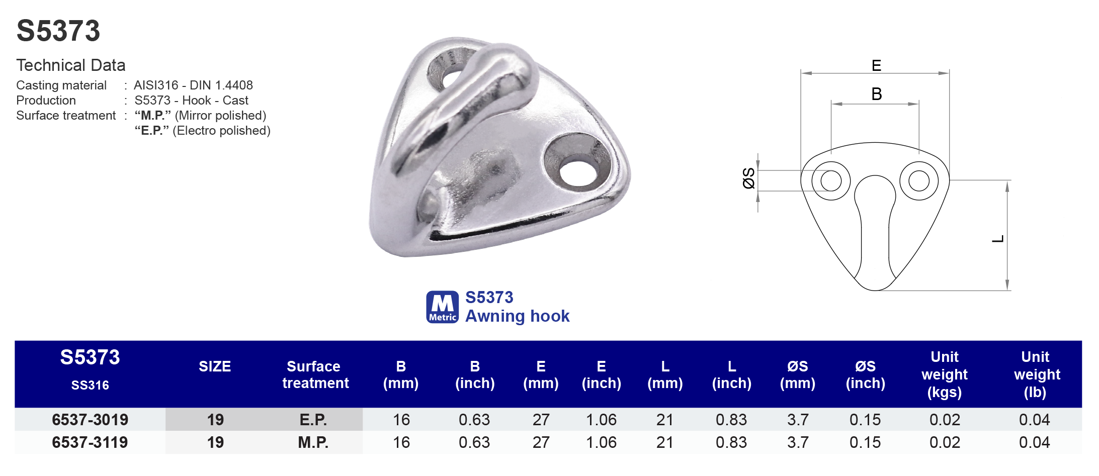 S5373 Awning hook - 316
