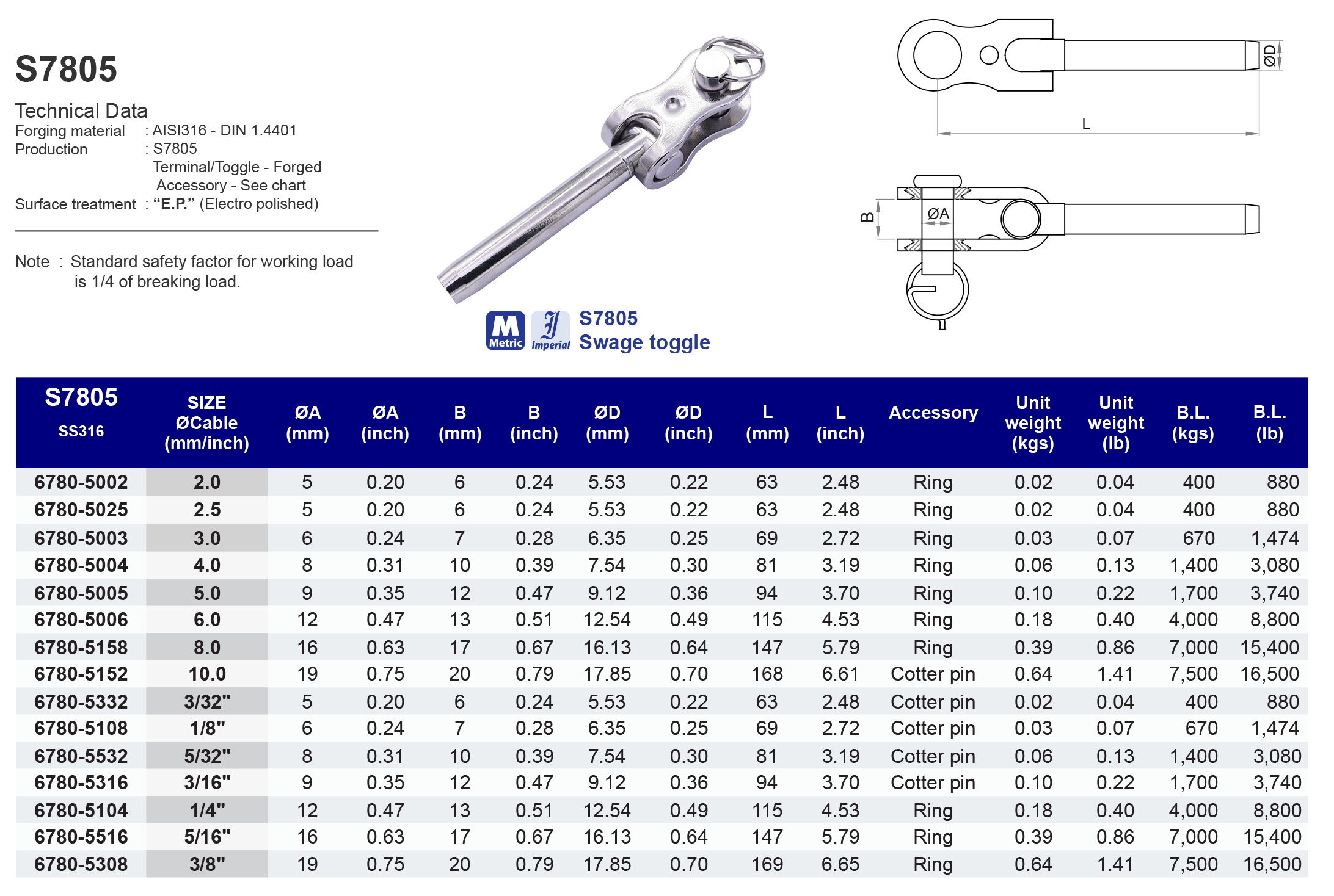 S7805 Swage toggle - 316 (CLEARANCE SALE)