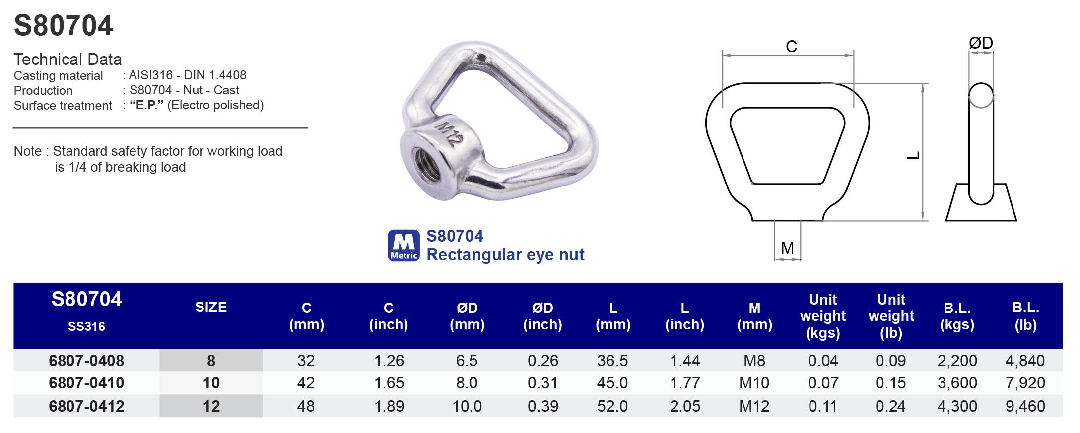 S80704 Rectangular eye nut - 316