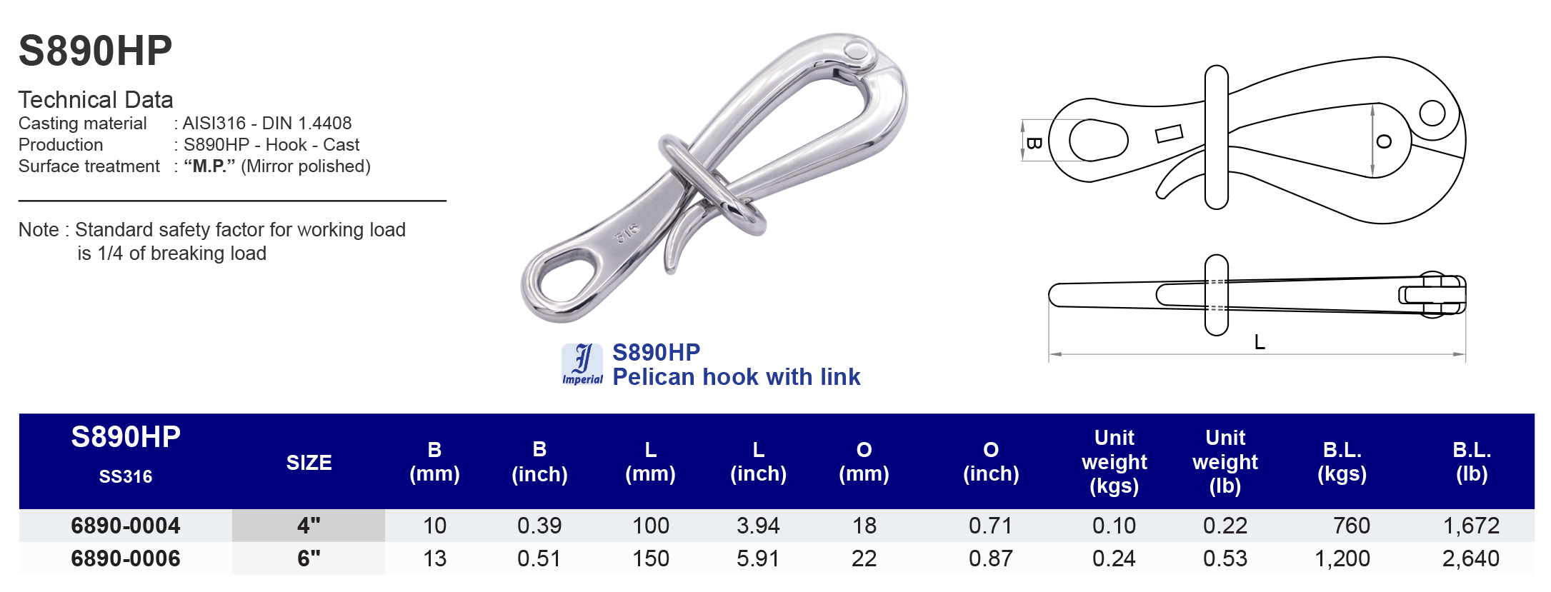 S890HP Pelican hook with link - 304
