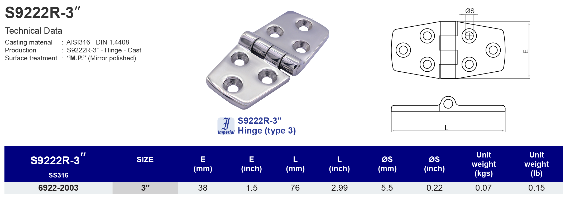 S9222R-3" Hinge (type 3) - 316