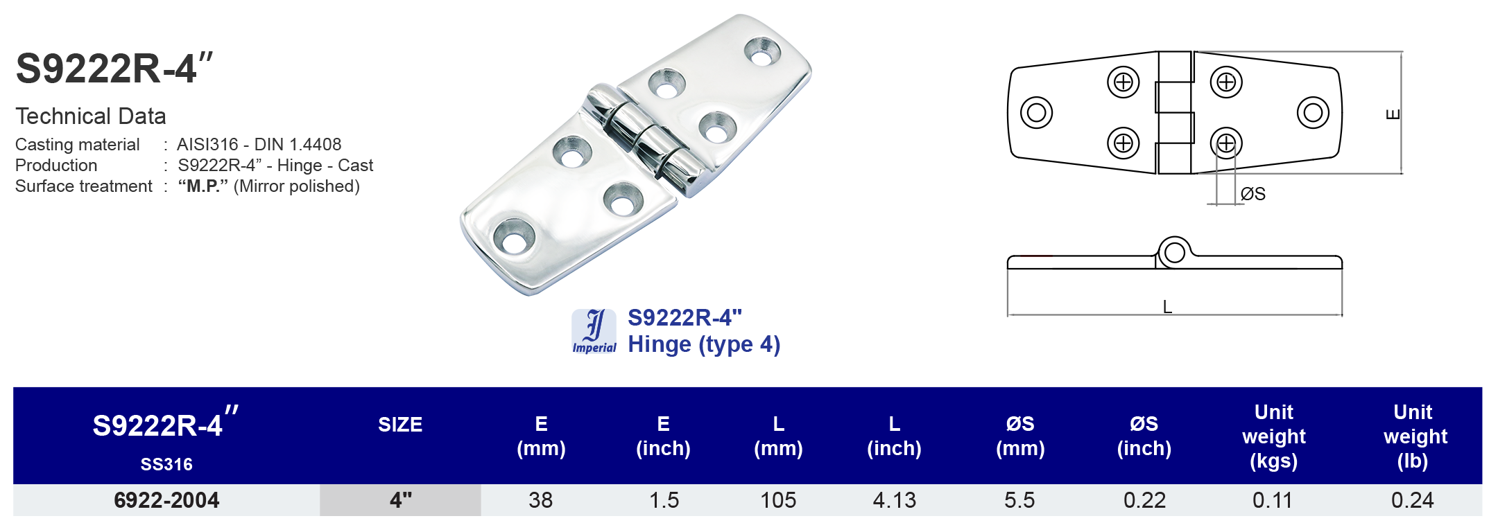 S9222R-4" Hinge (type 4) - 316