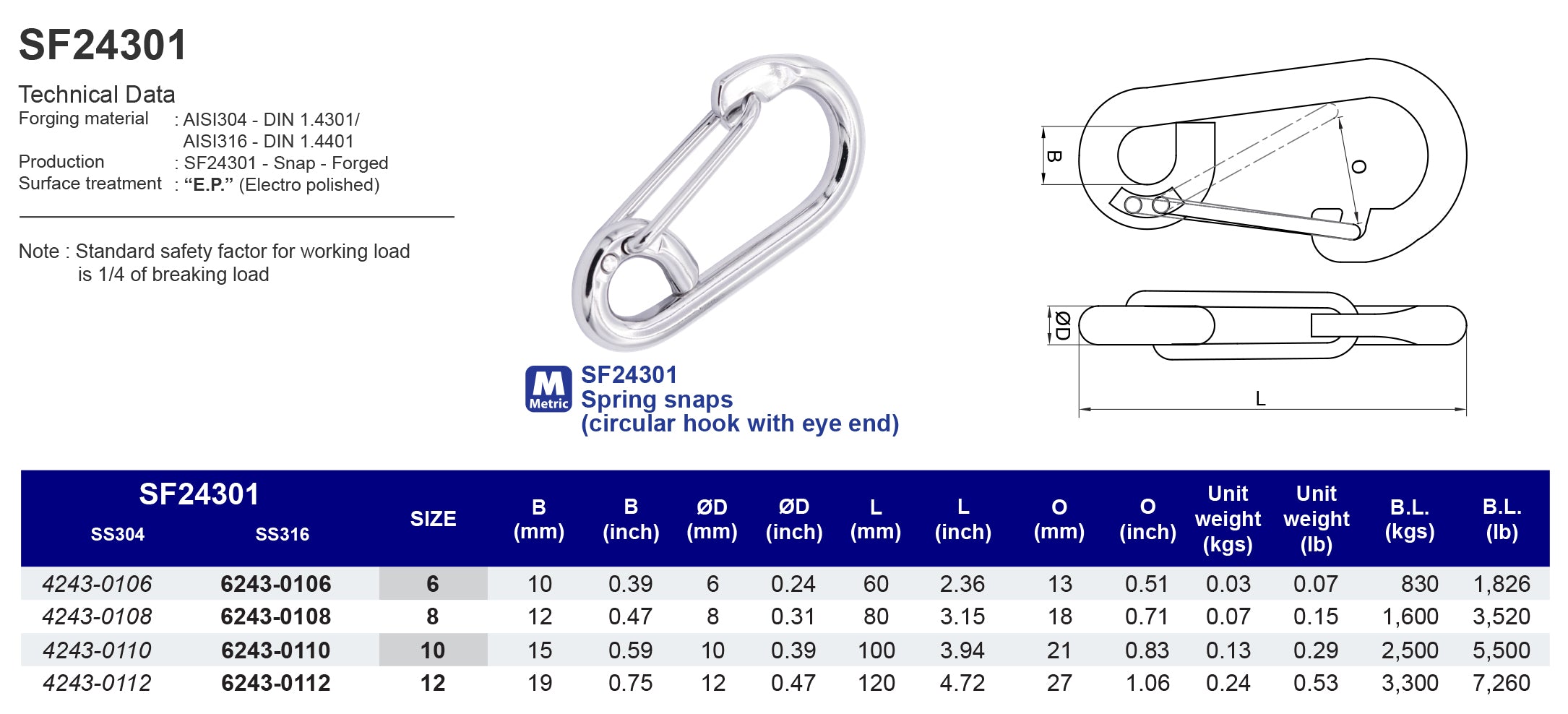 SF24301 Spring snaps (circular hook with eye end) - 316