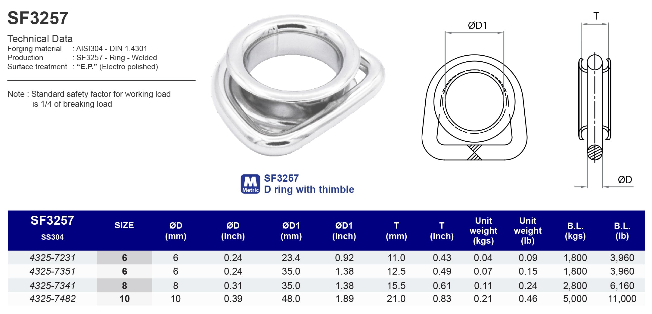 SF3257 D ring with thimble - 304