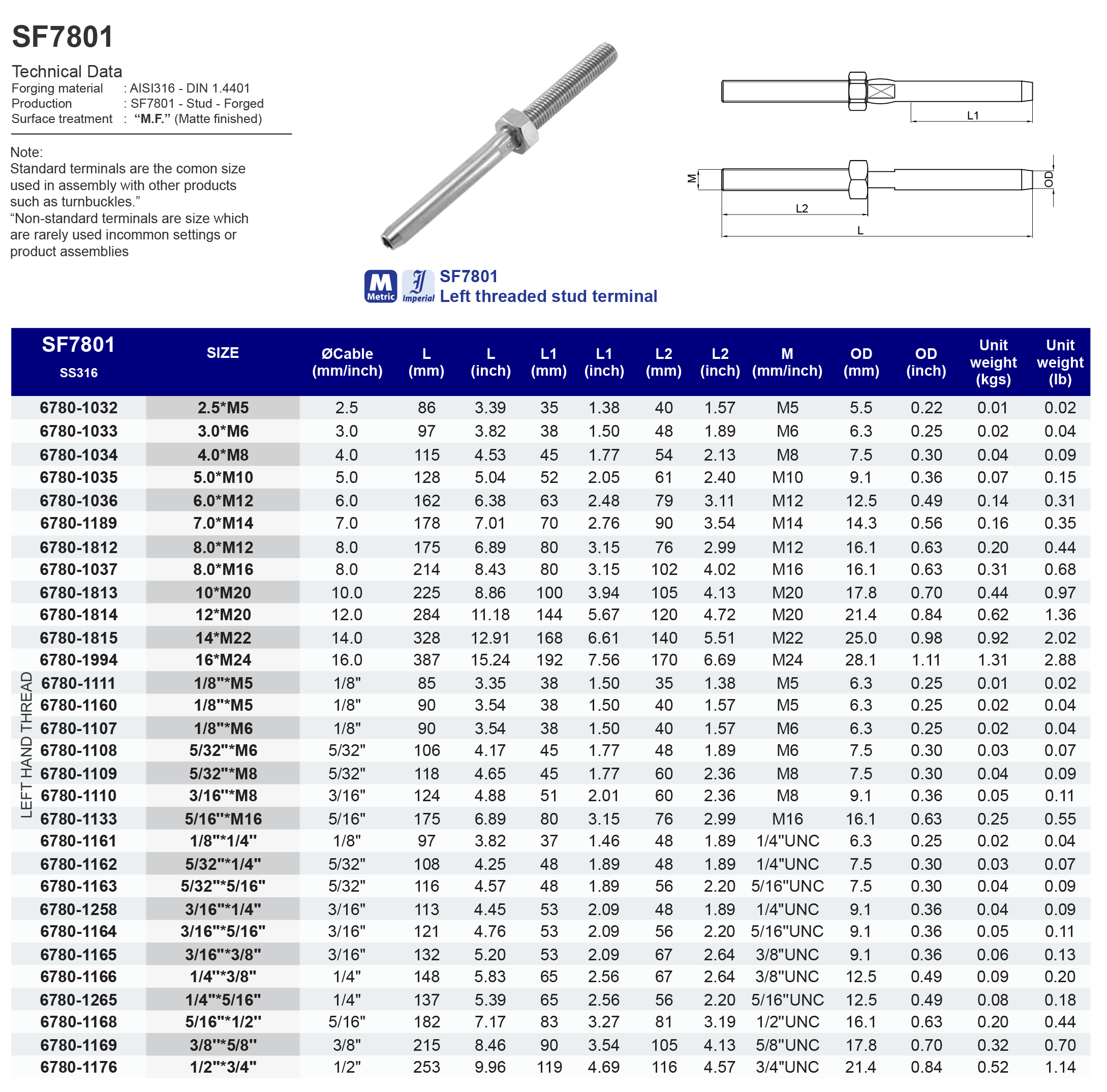 SF7801 Left Threaded Stud Terminal - 316