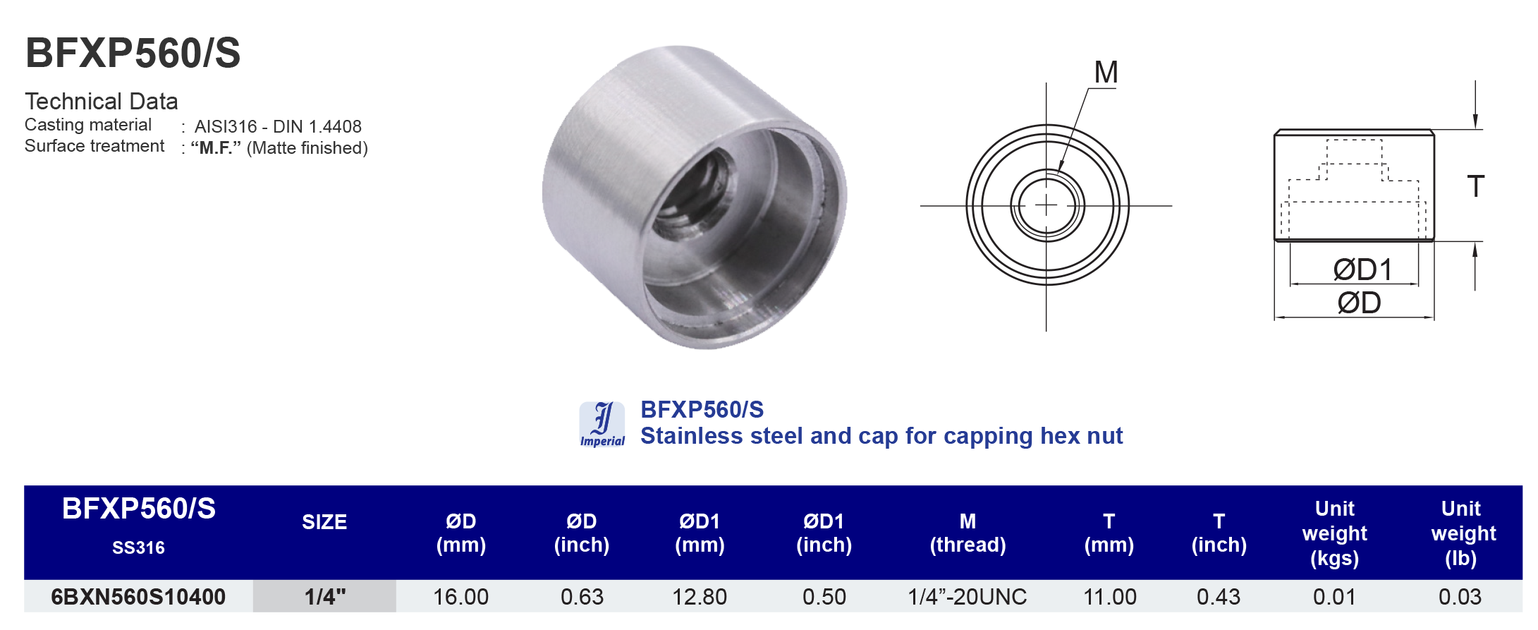 BFXP560/S  Stainless steel and cap for capping hex nut