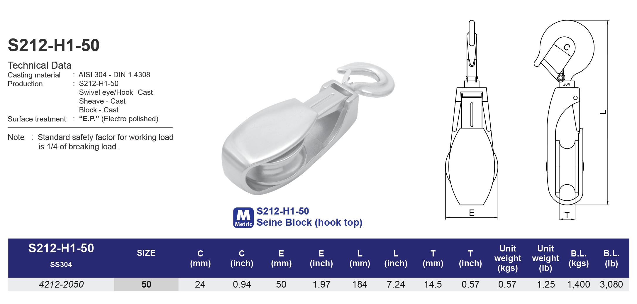S212-H1-50 Seine Block 50 mm (hook top)