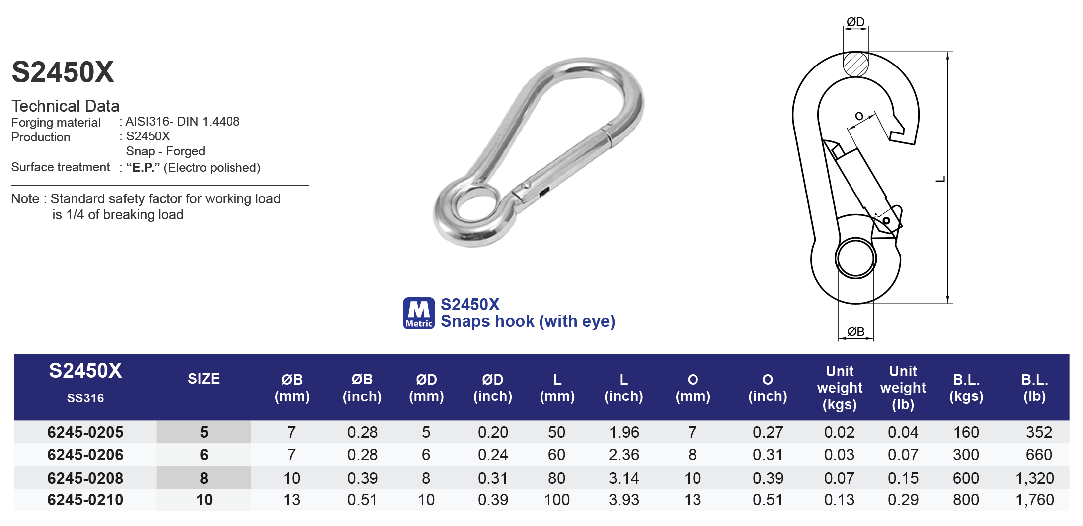S2450X Snaps hook (with eye) - 316