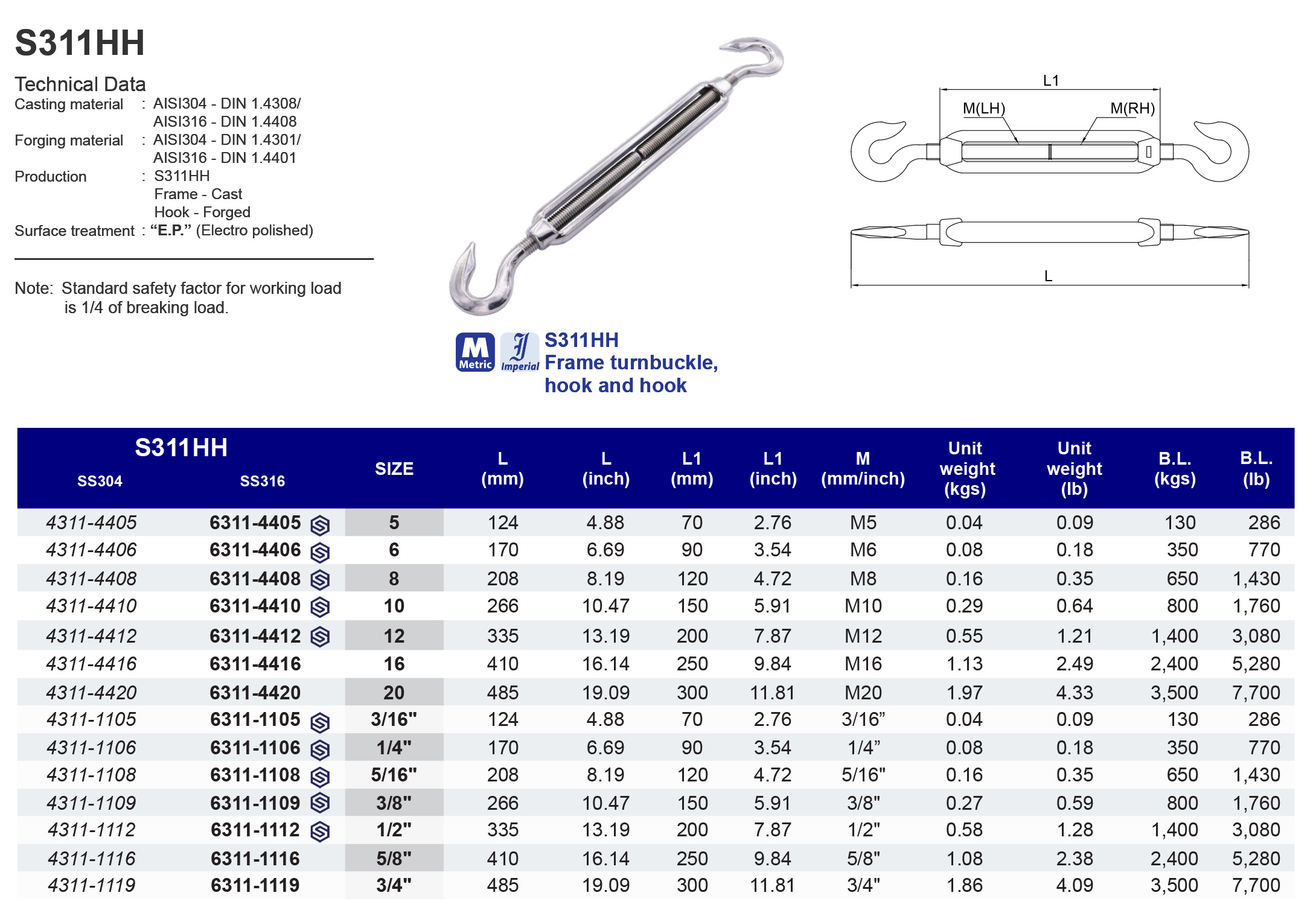 S311HH Frame turnbuckle hook and hook - 304
