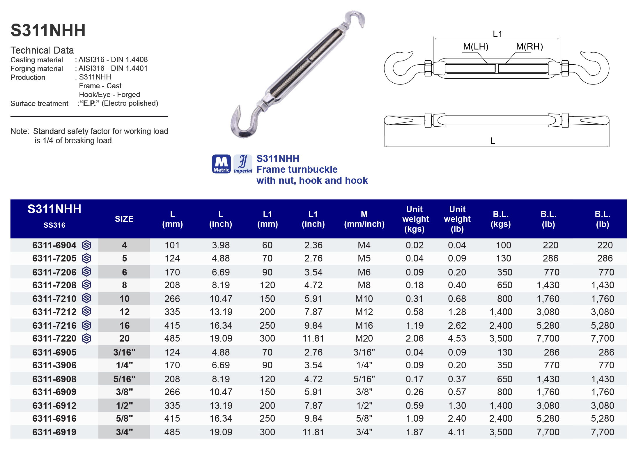 S311NHH Frame turnbuckle with nut hook and hook - 316