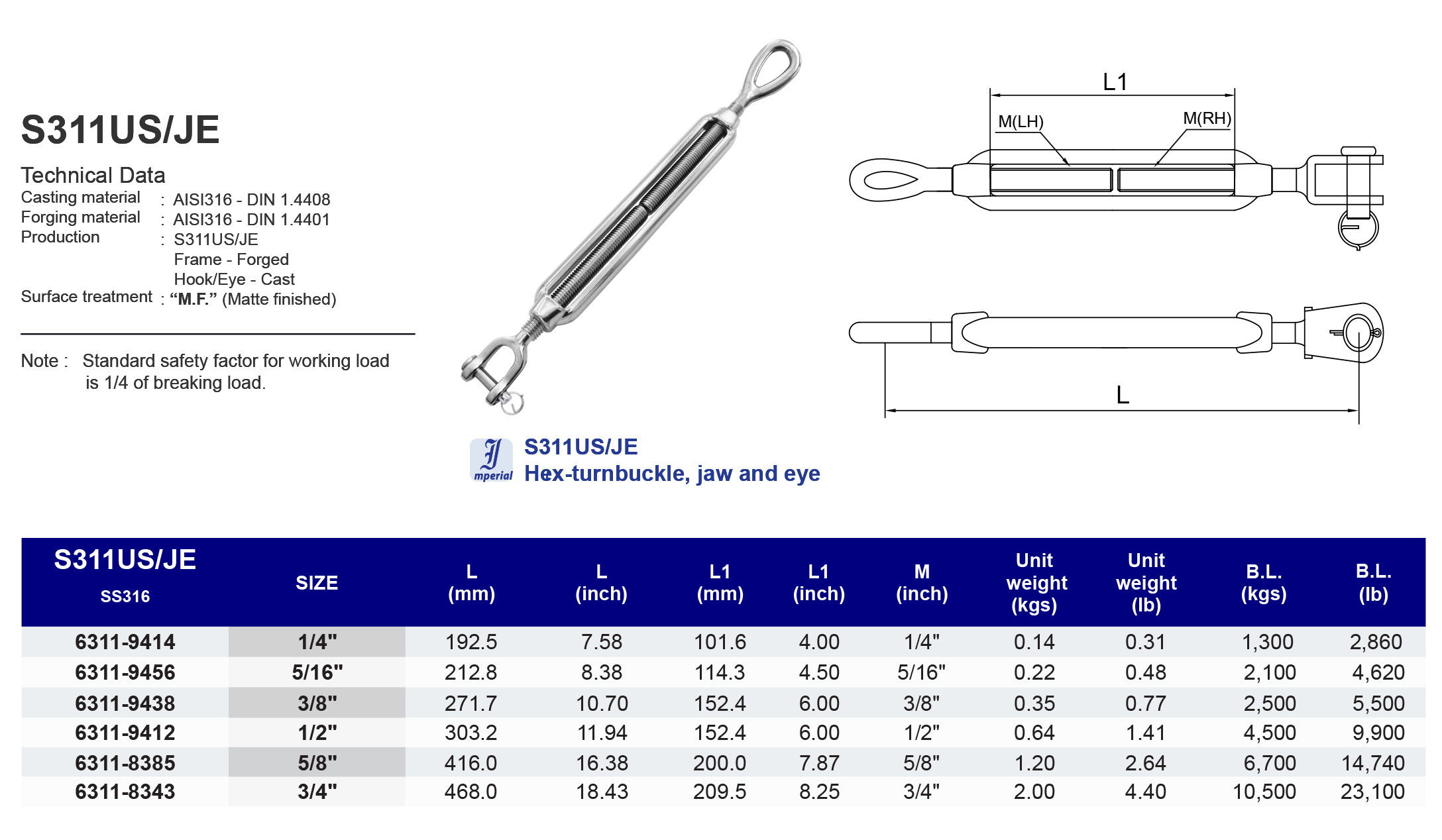 S311US/JE  Hex turnbuckle, jaw and eye - 316
