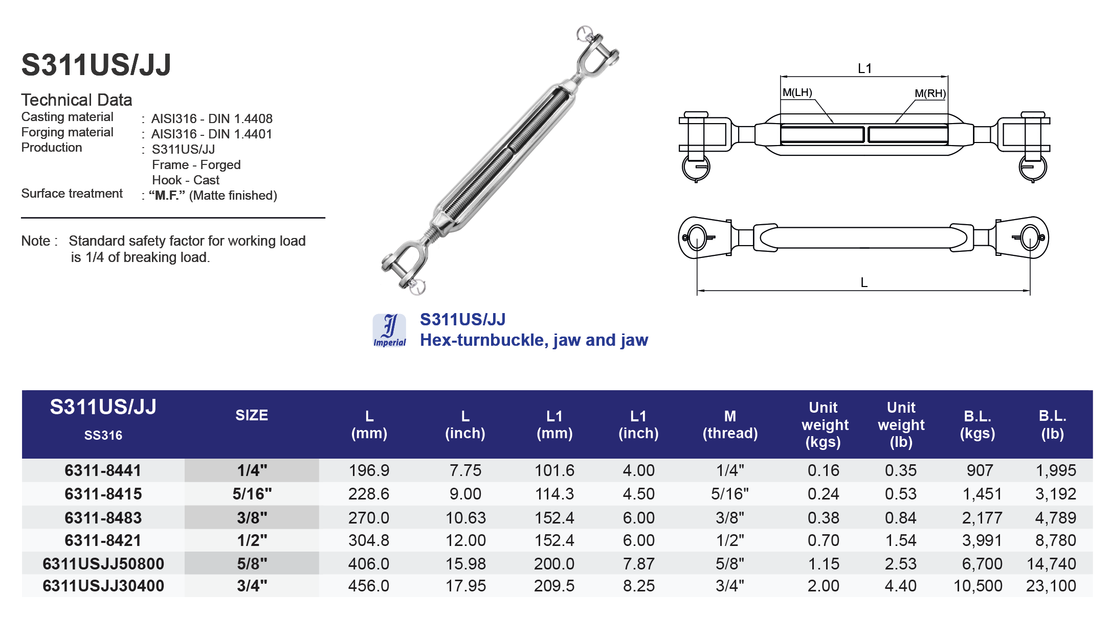 S311US/JJ Hex turnbuckle jaw and jaw - 316