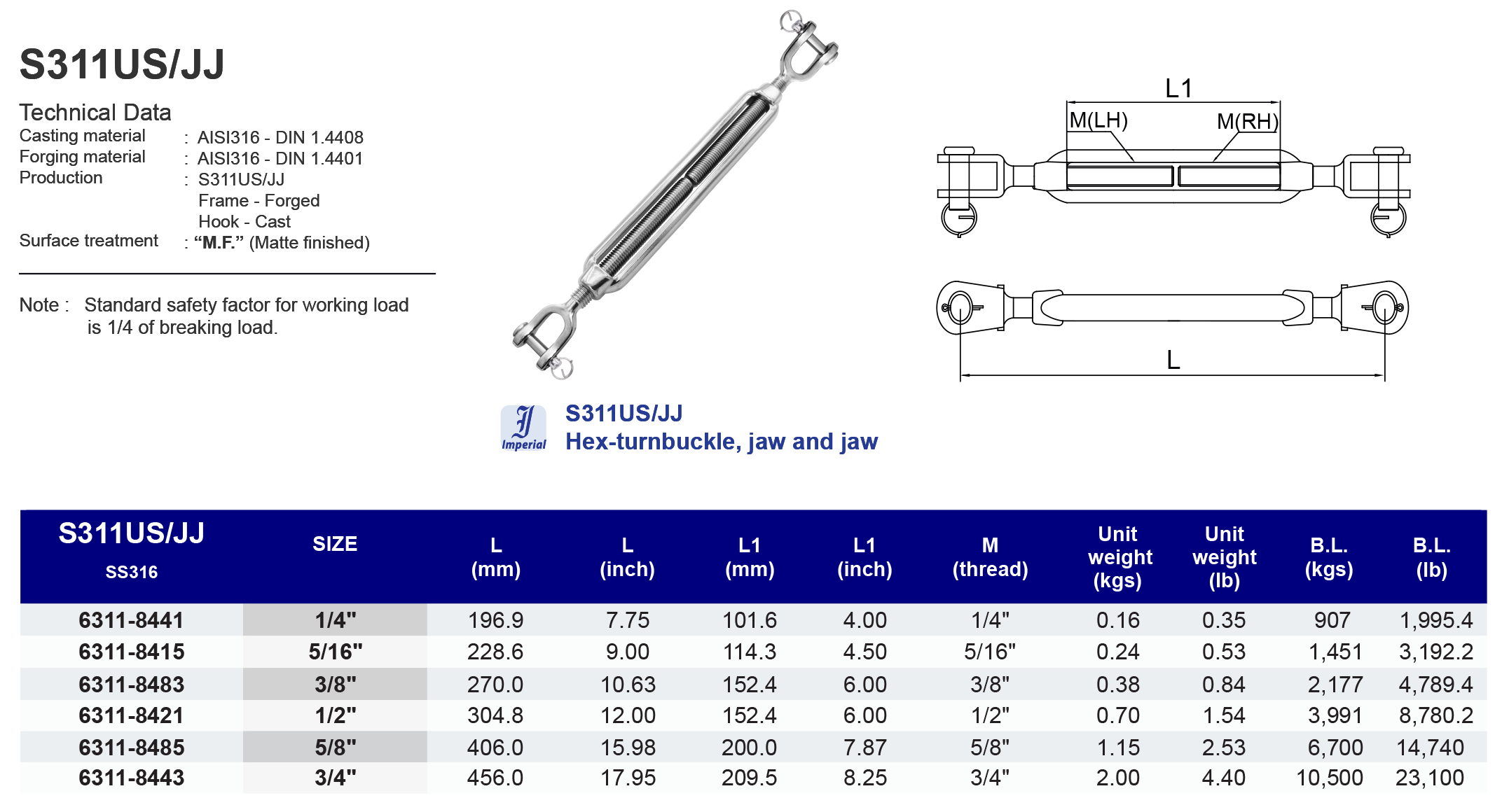 S311US/JJ Hex turnbuckle jaw and jaw - 316