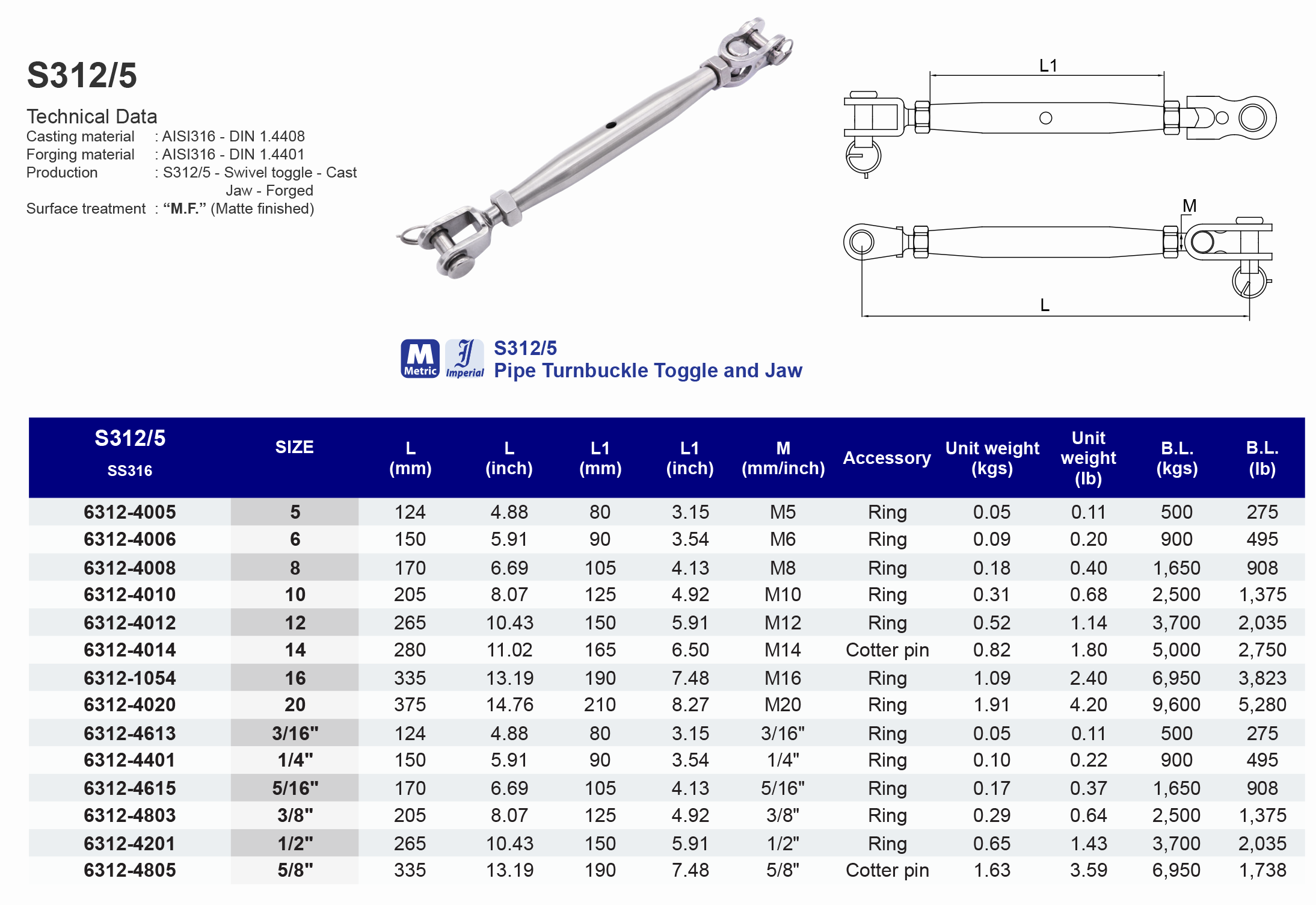 S312-5 Pipe Turnbuckle Toggle and Jaw