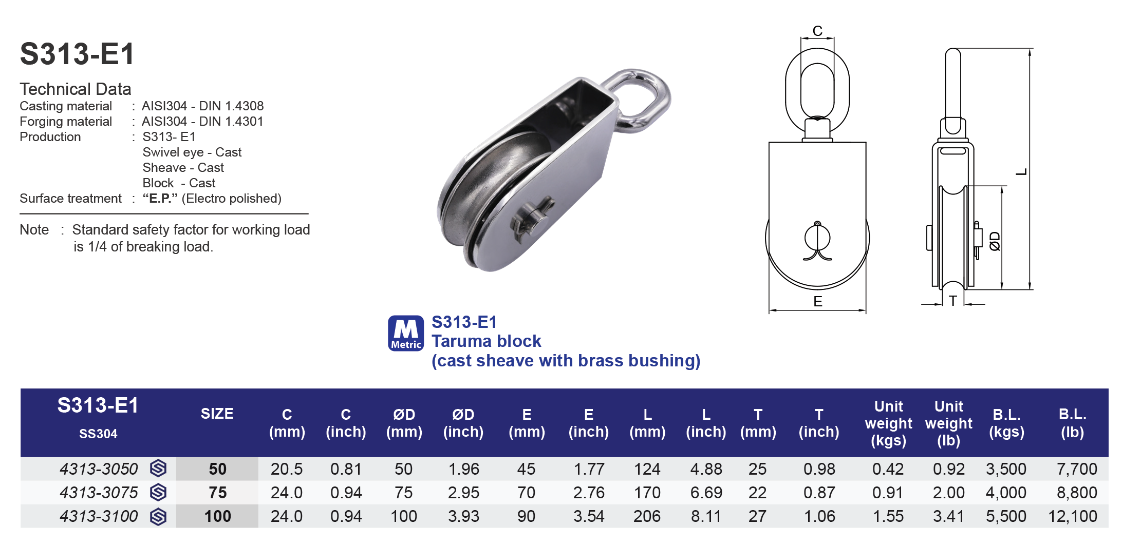 S313-E1 Taruma block (cast sheave with brass bushing) - 304