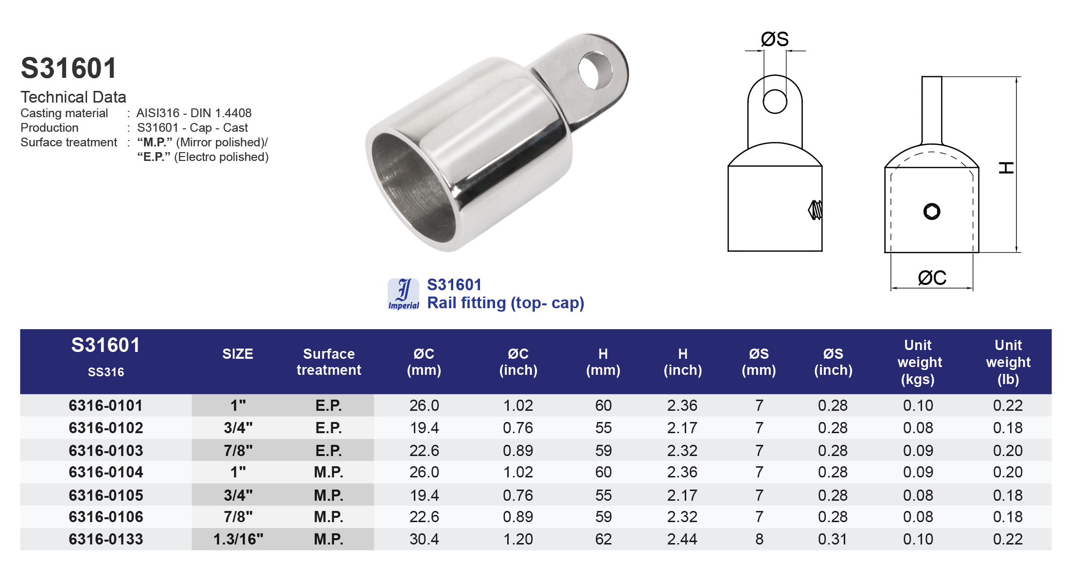 S31601 Rail fitting (top cap) - 316 (CLEARANCE SALE)