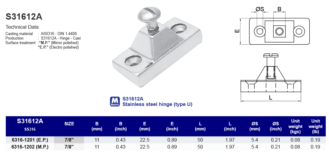 S31612A Deck hinge (angled side mount)