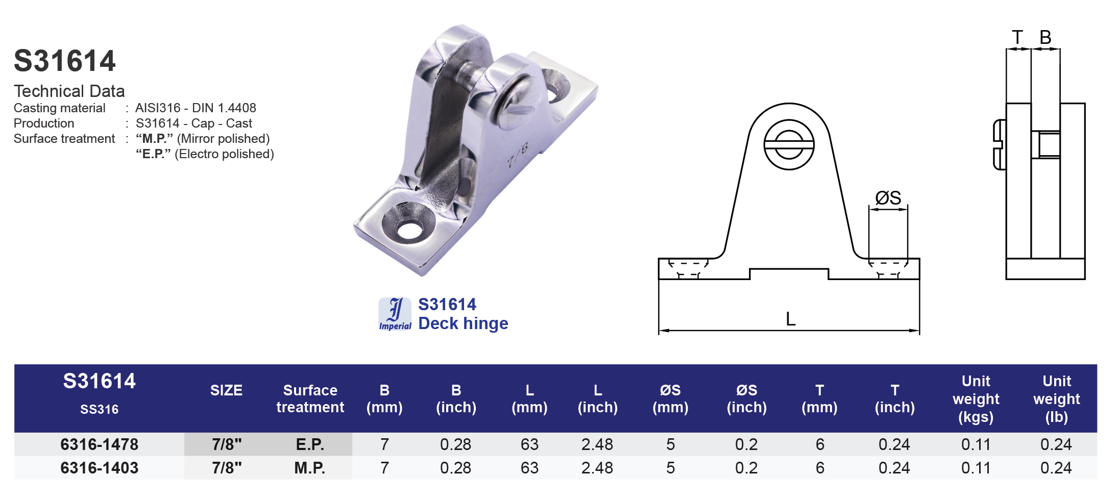 S31614 Deck hinge - 316