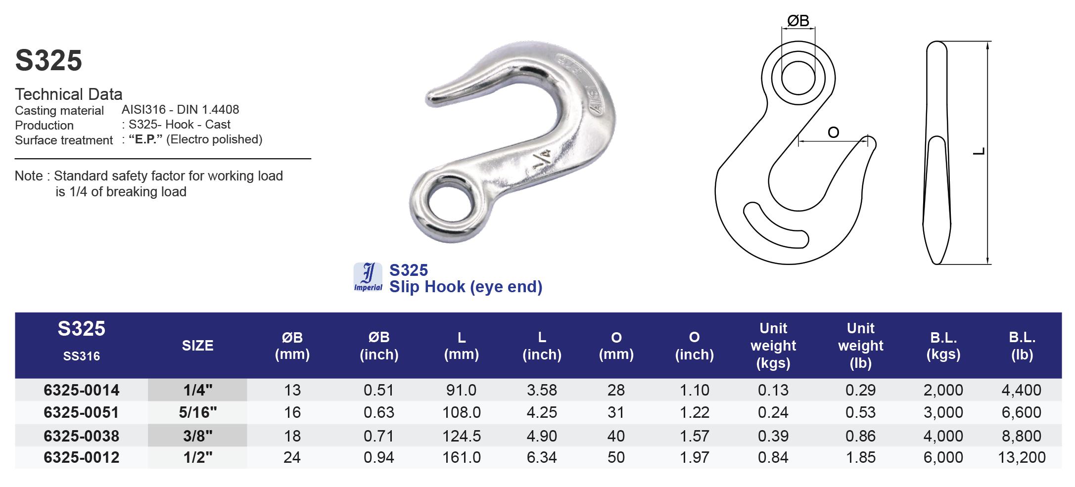 S325 Slip Hook (eye end) - 316