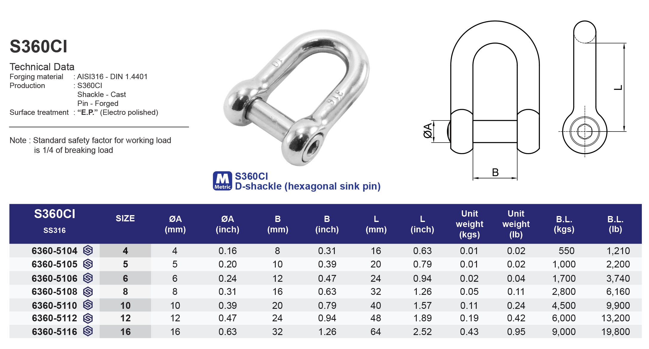 S360CI D-shackle (hexagonal sink pin) - 316