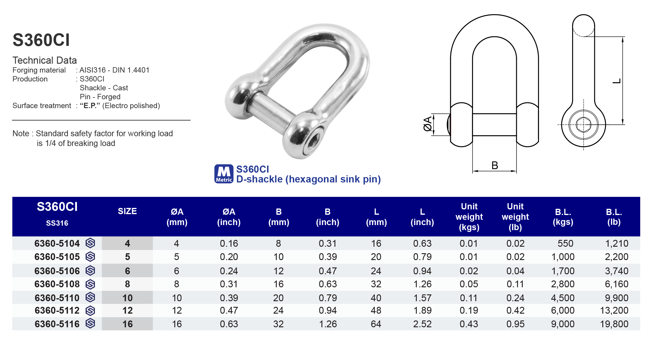 S360CI D-shackle (hexagonal sink pin) - 316 (CLEARANCE SALE)