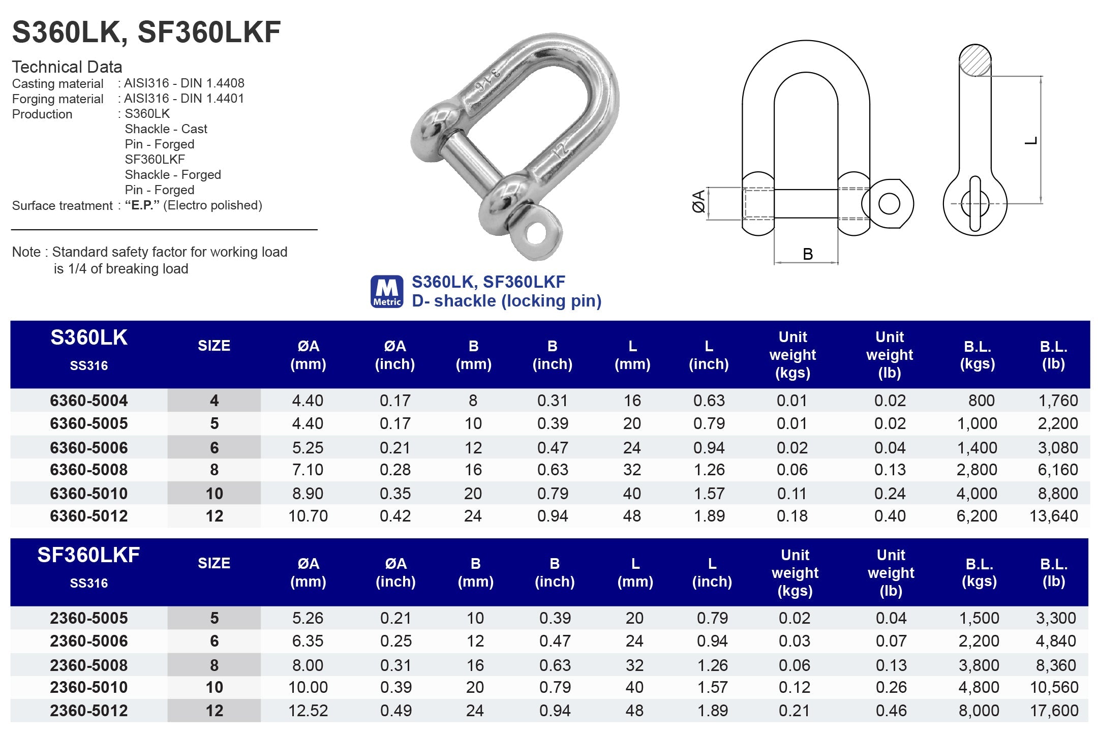 SF360LKF D-shackle (locking pin)