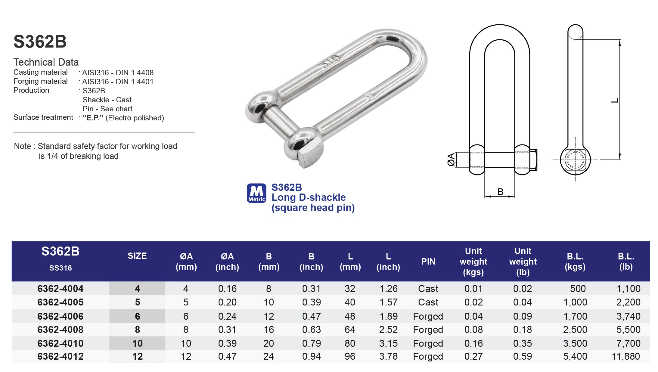 S362B Long D-shackle (square head pin) - 316