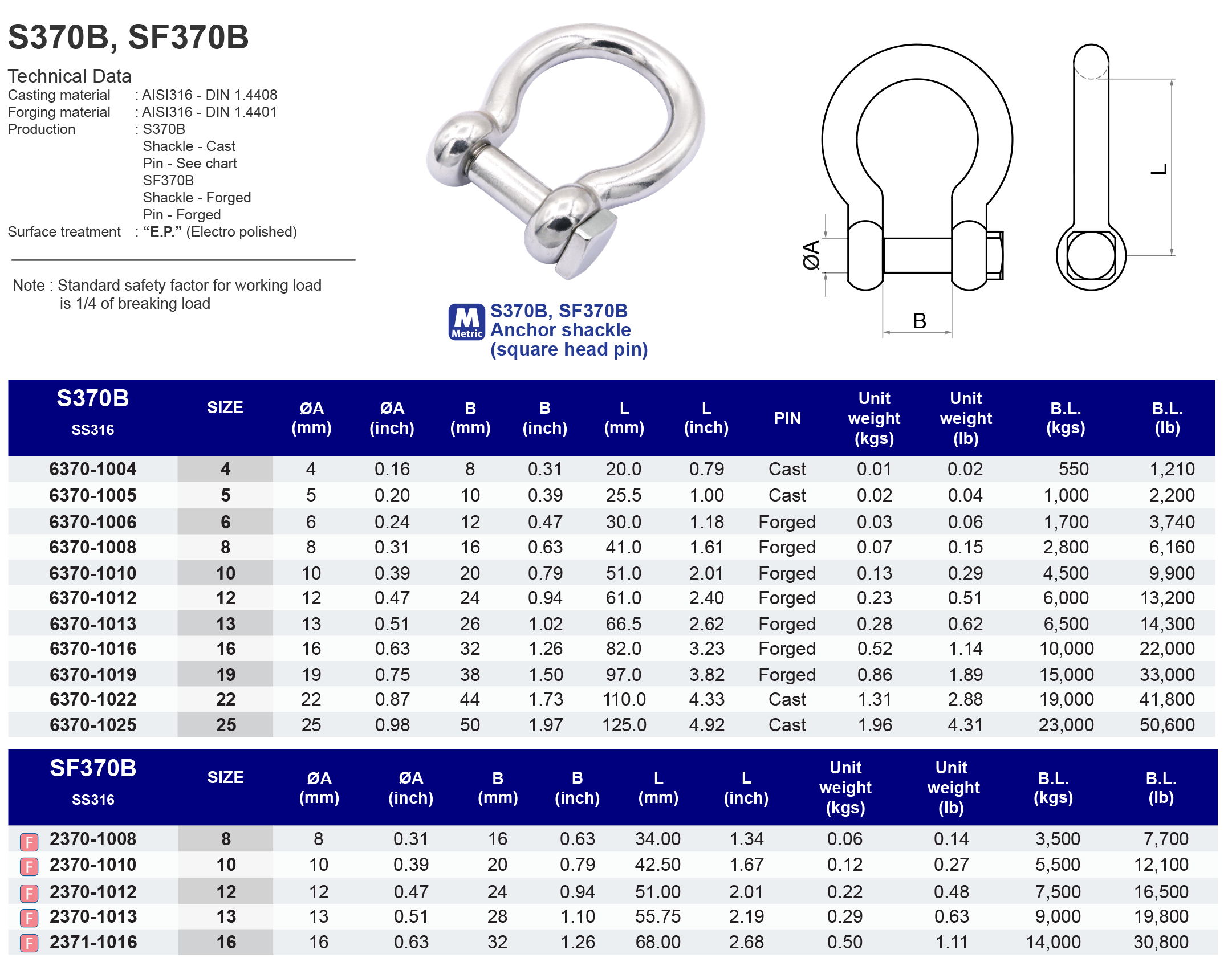 SF370B Anchor shackle (square head pin) -Forged - 316