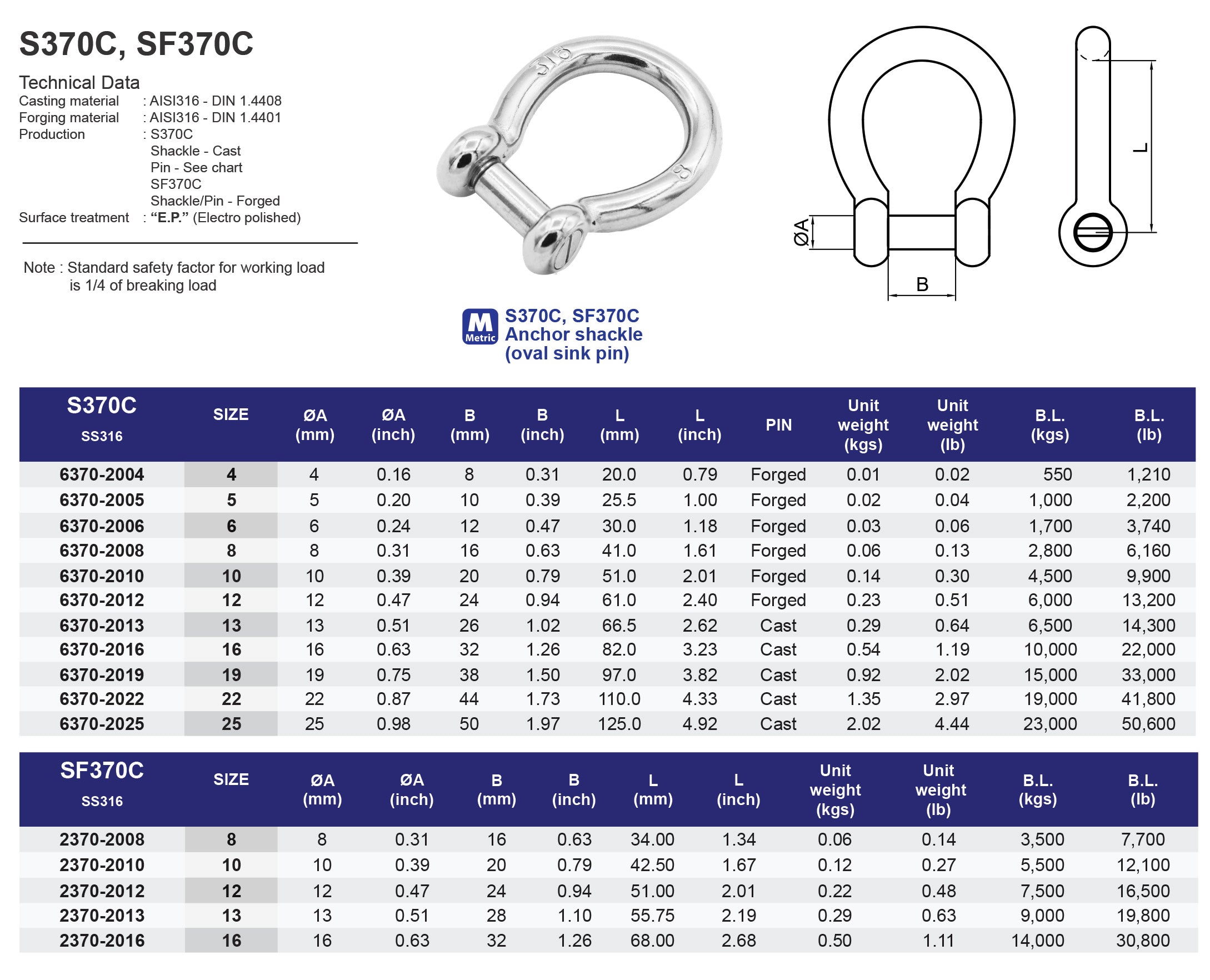S370C Anchor Shackle (oval sink pin) - 316