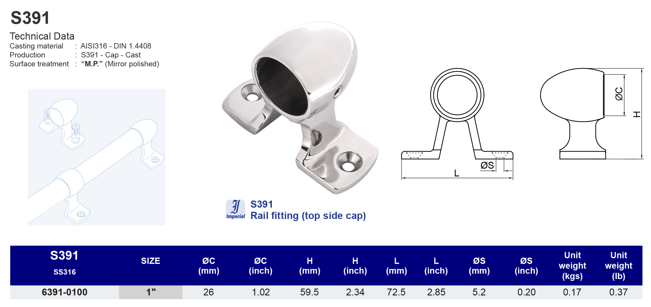 S391 Rail fitting (top side cap) - 316