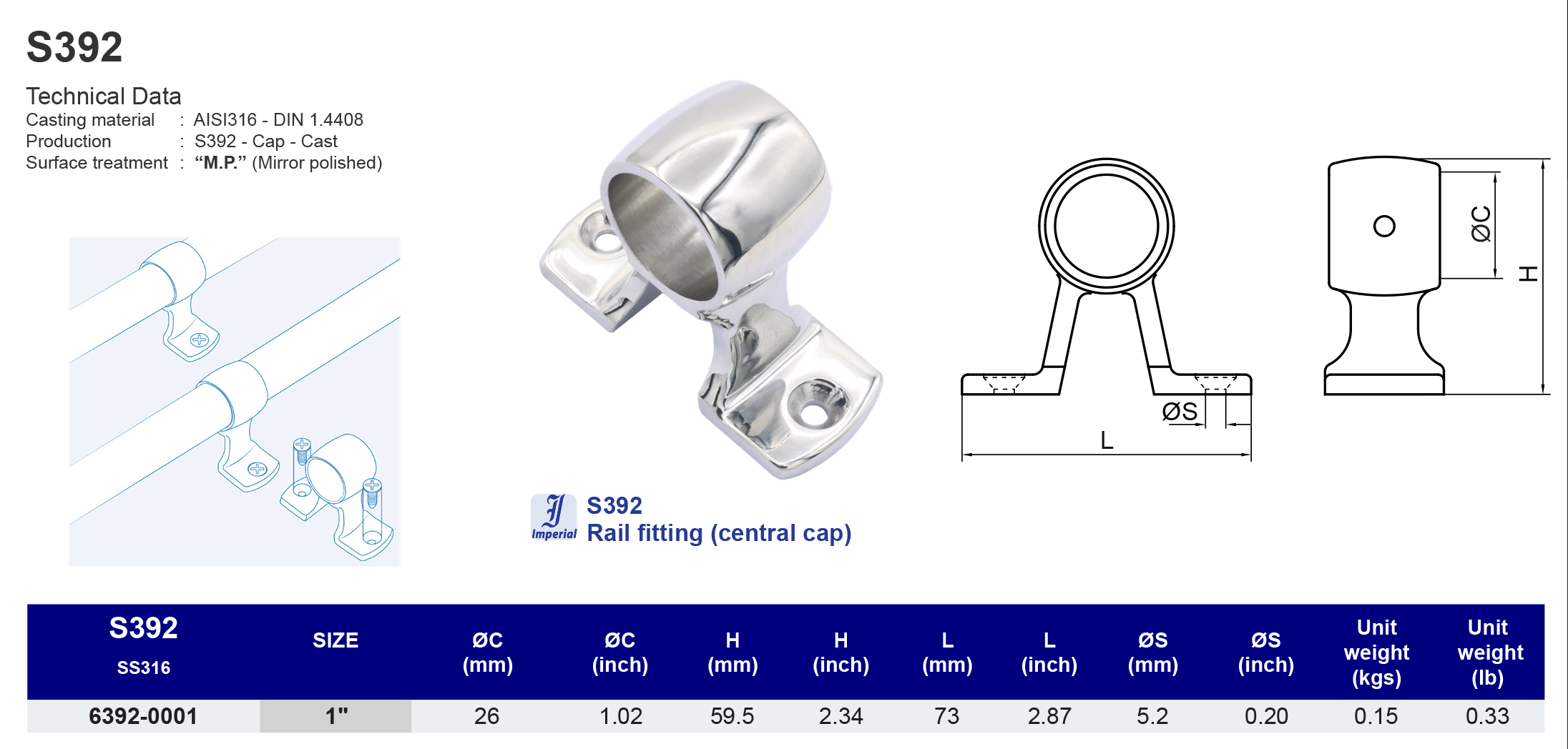 S392 Rail fitting (central cap) - 316