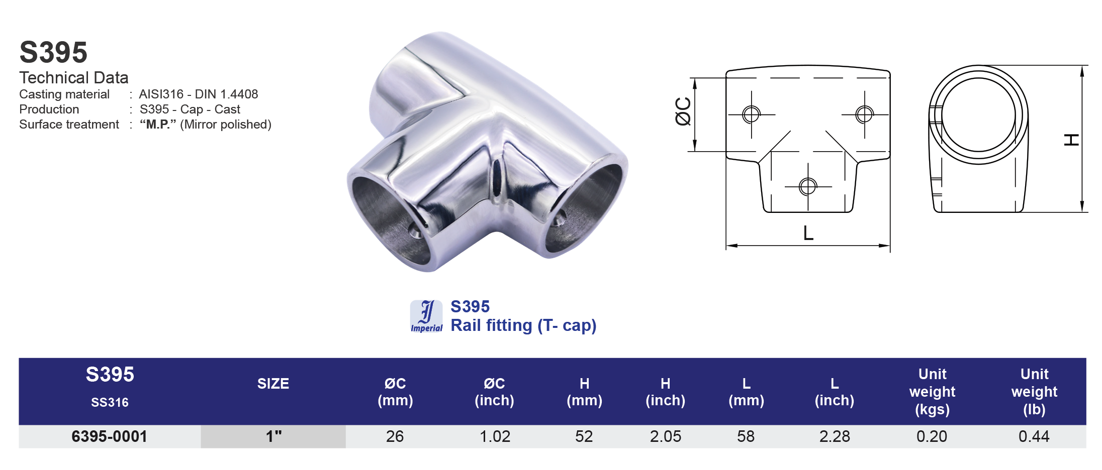 S395 Rail fitting (T-cap) - 316