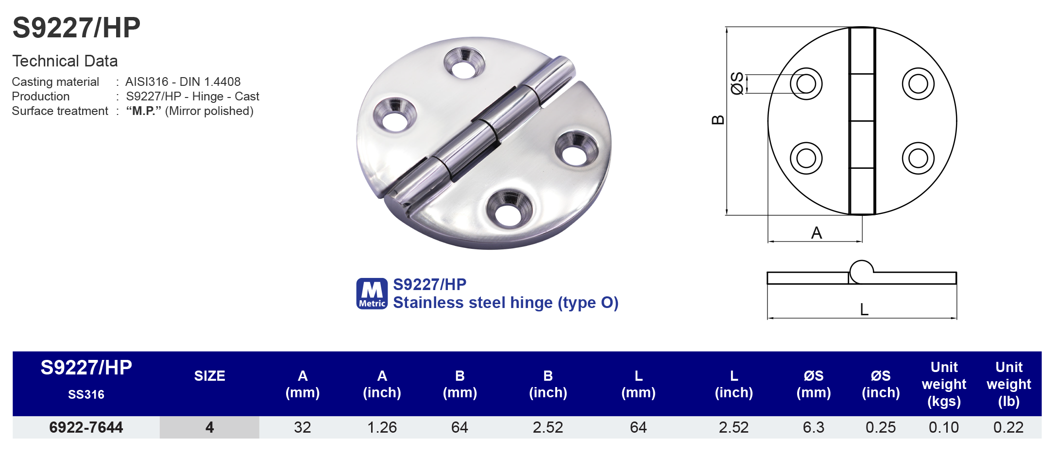 S9227-HP Stainless steel hinge (type O) - 316