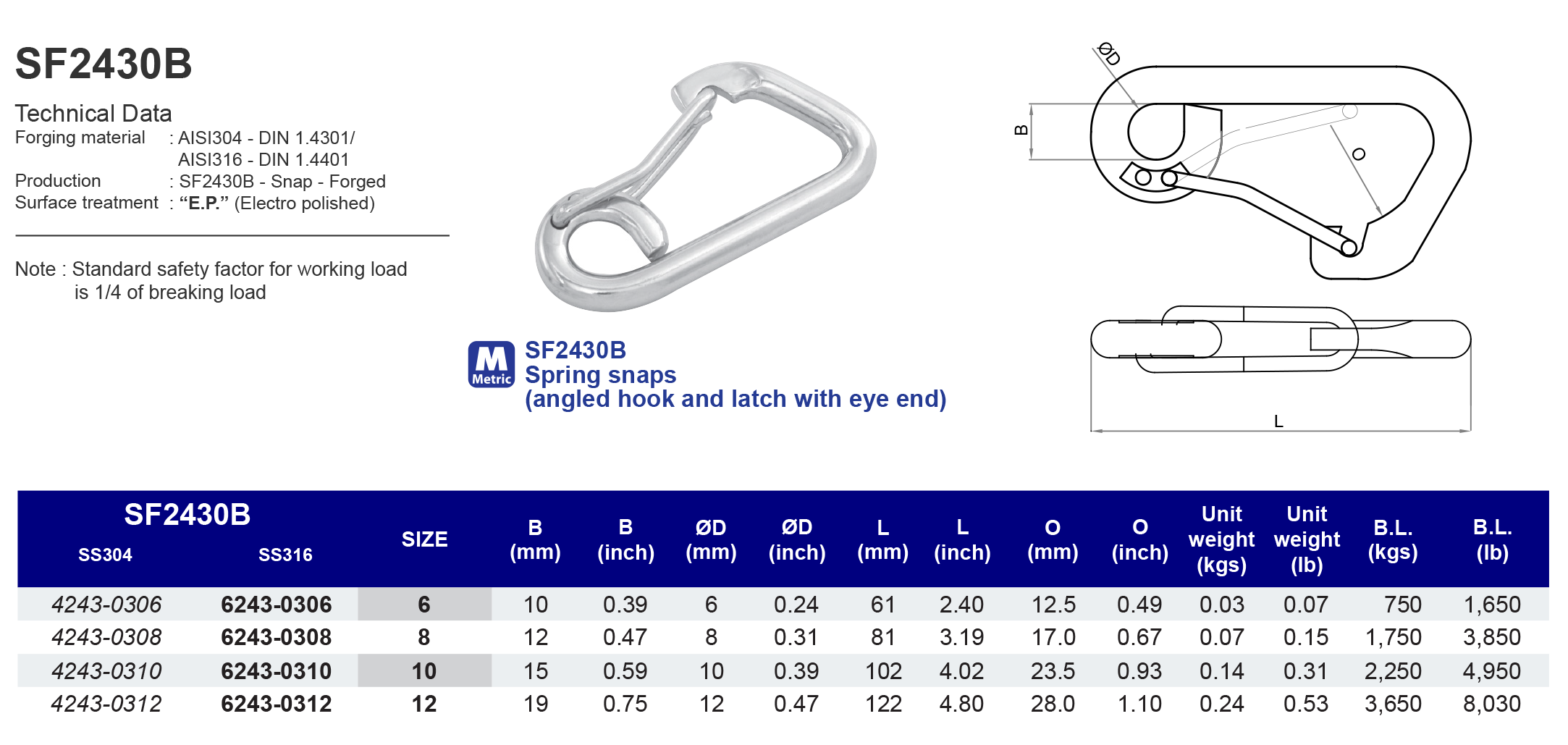 SF2430B Spring snaps (angled hook and latch with eye end) - 304 (CLEARANCE SALE)