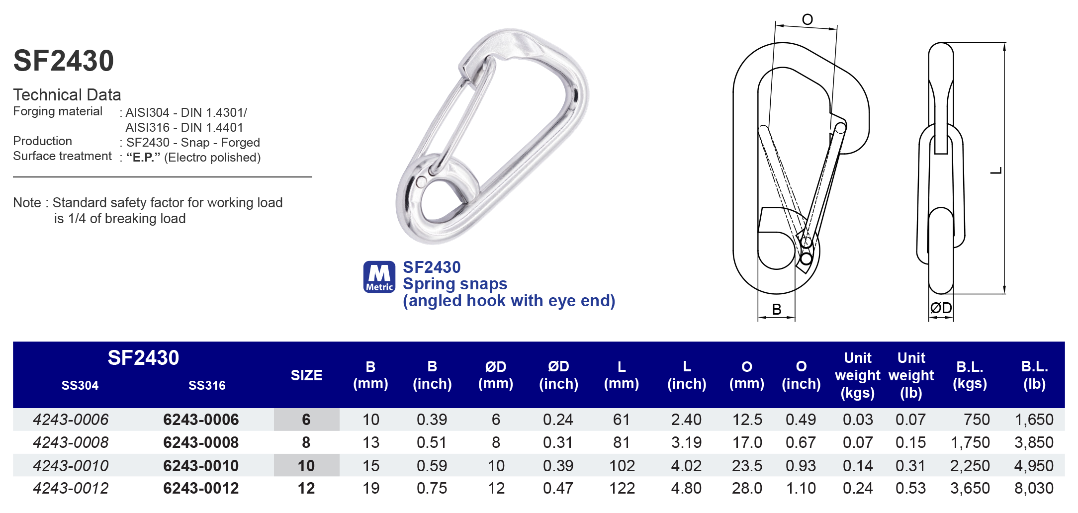 SF2430 Spring snaps (angled hook with eye end) - 304